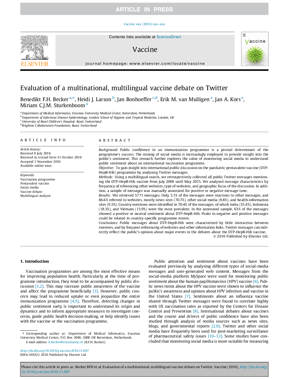 Evaluation of a multinational, multilingual vaccine debate on Twitter