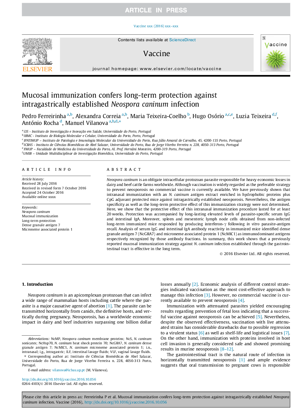 Mucosal immunization confers long-term protection against intragastrically established Neospora caninum infection