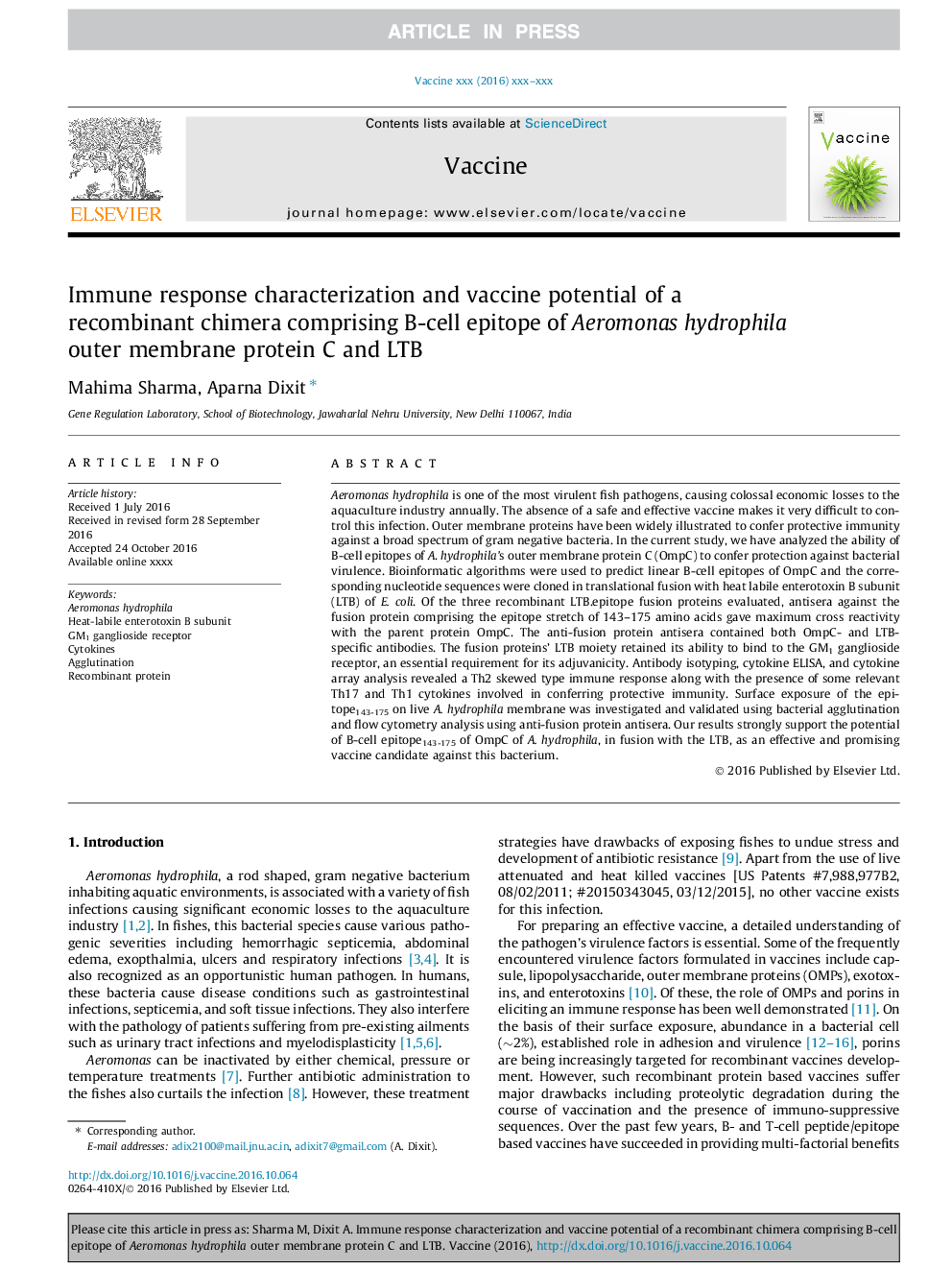 Immune response characterization and vaccine potential of a recombinant chimera comprising B-cell epitope of Aeromonas hydrophila outer membrane protein C and LTB