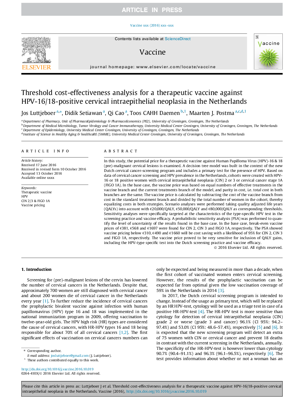 Threshold cost-effectiveness analysis for a therapeutic vaccine against HPV-16/18-positive cervical intraepithelial neoplasia in the Netherlands