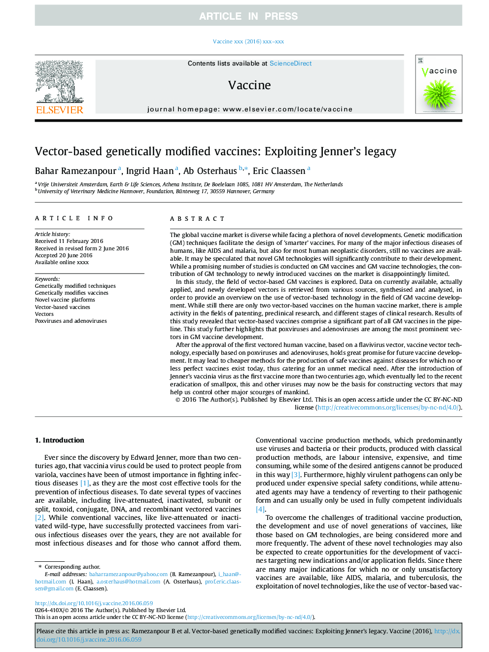 Vector-based genetically modified vaccines: Exploiting Jenner's legacy