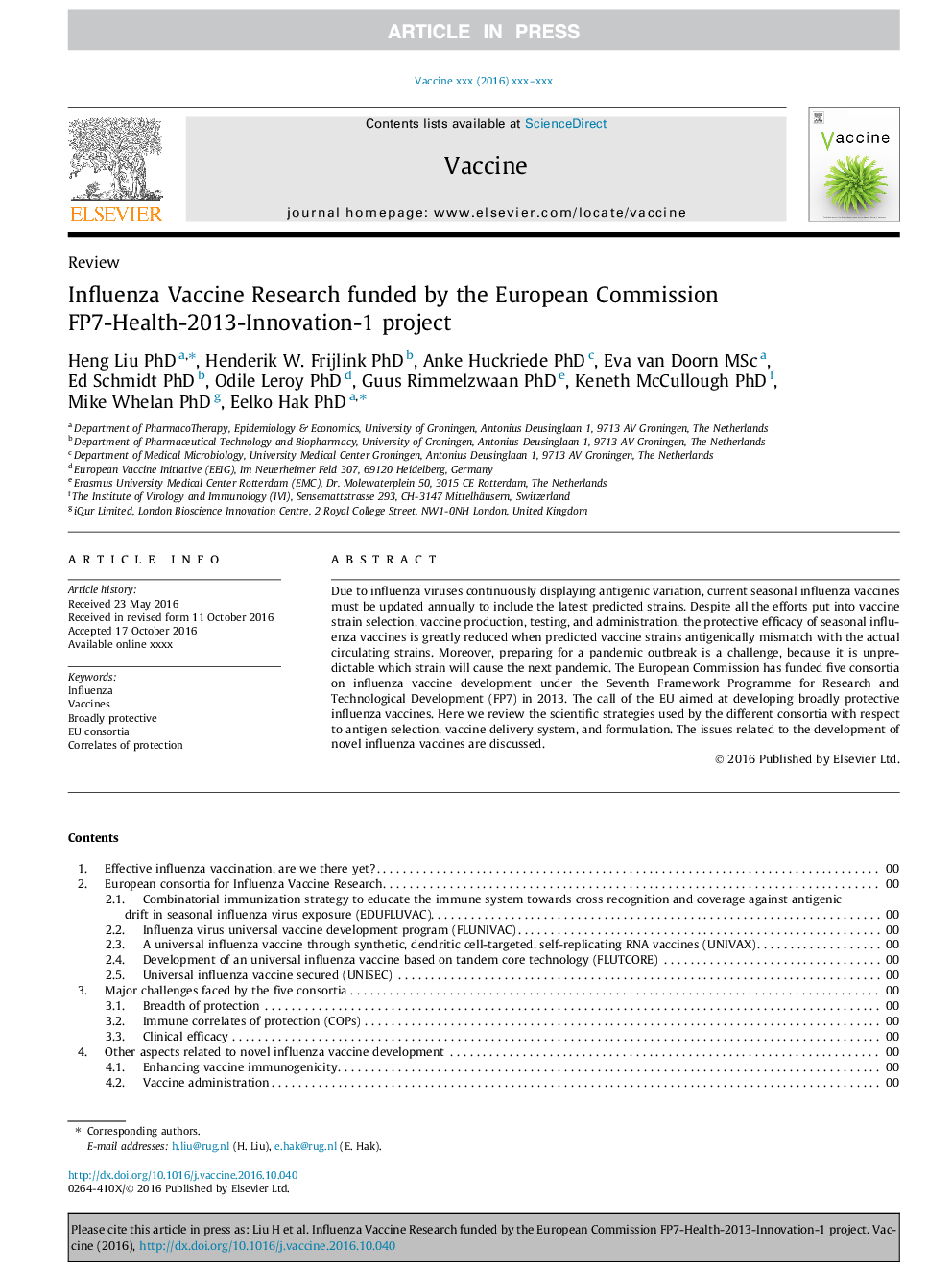 عکس صفحه اول مقاله: Influenza Vaccine Research funded by the European Commission FP7-Health-2013-Innovation-1 project Influenza Vaccine Research funded by the European Commission FP7-Health-2013-Innovation-1 project