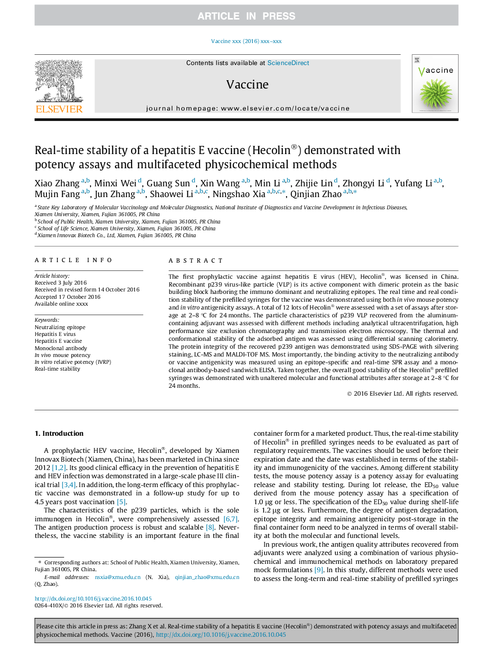 Real-time stability of a hepatitis E vaccine (Hecolin®) demonstrated with potency assays and multifaceted physicochemical methods