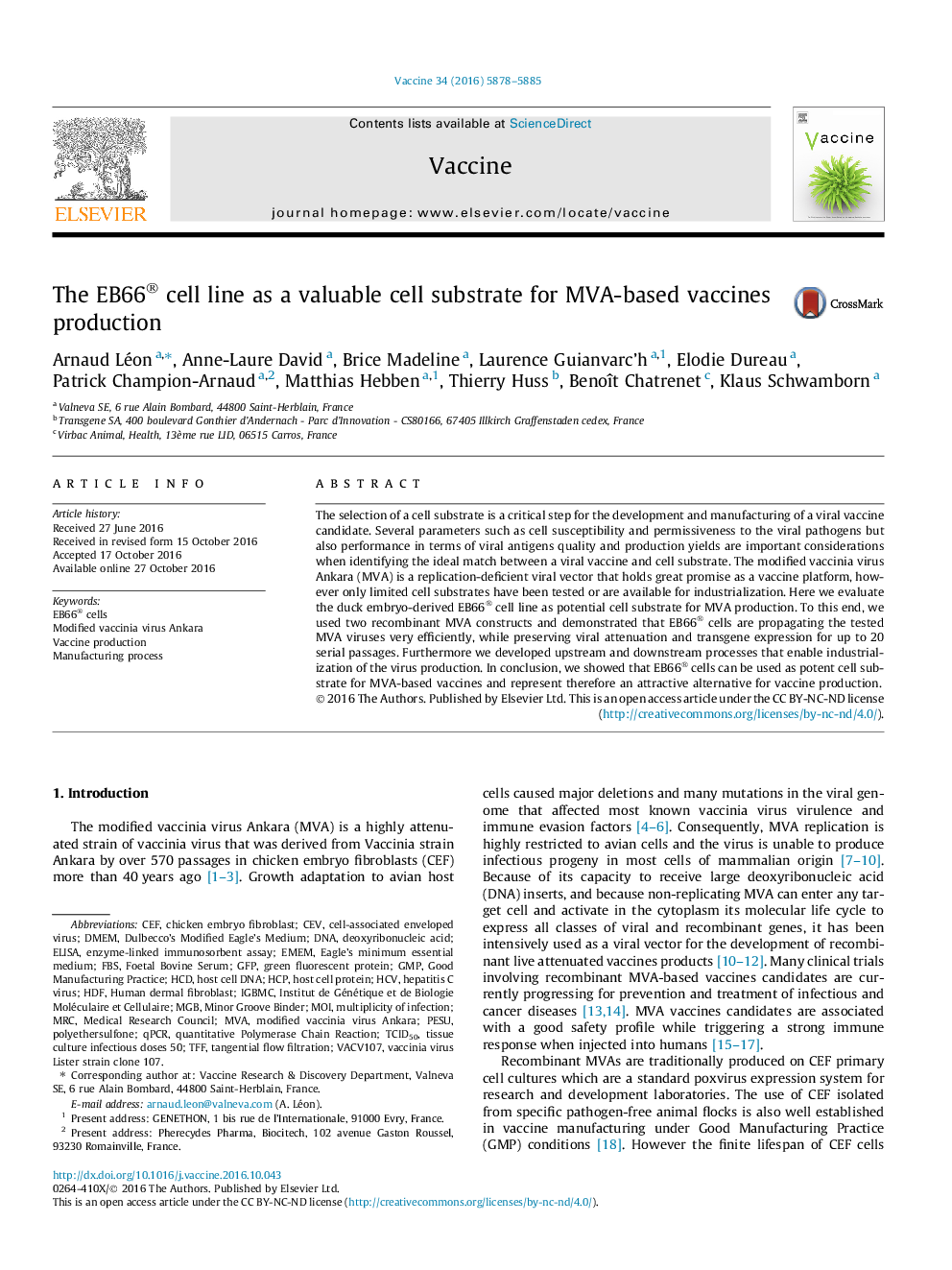 عکس صفحه اول مقاله: The EB66® cell line as a valuable cell substrate for MVA-based vaccines production The EB66® cell line as a valuable cell substrate for MVA-based vaccines production