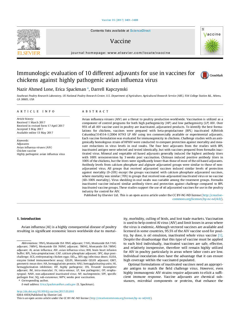 Immunologic evaluation of 10 different adjuvants for use in vaccines for chickens against highly pathogenic avian influenza virus