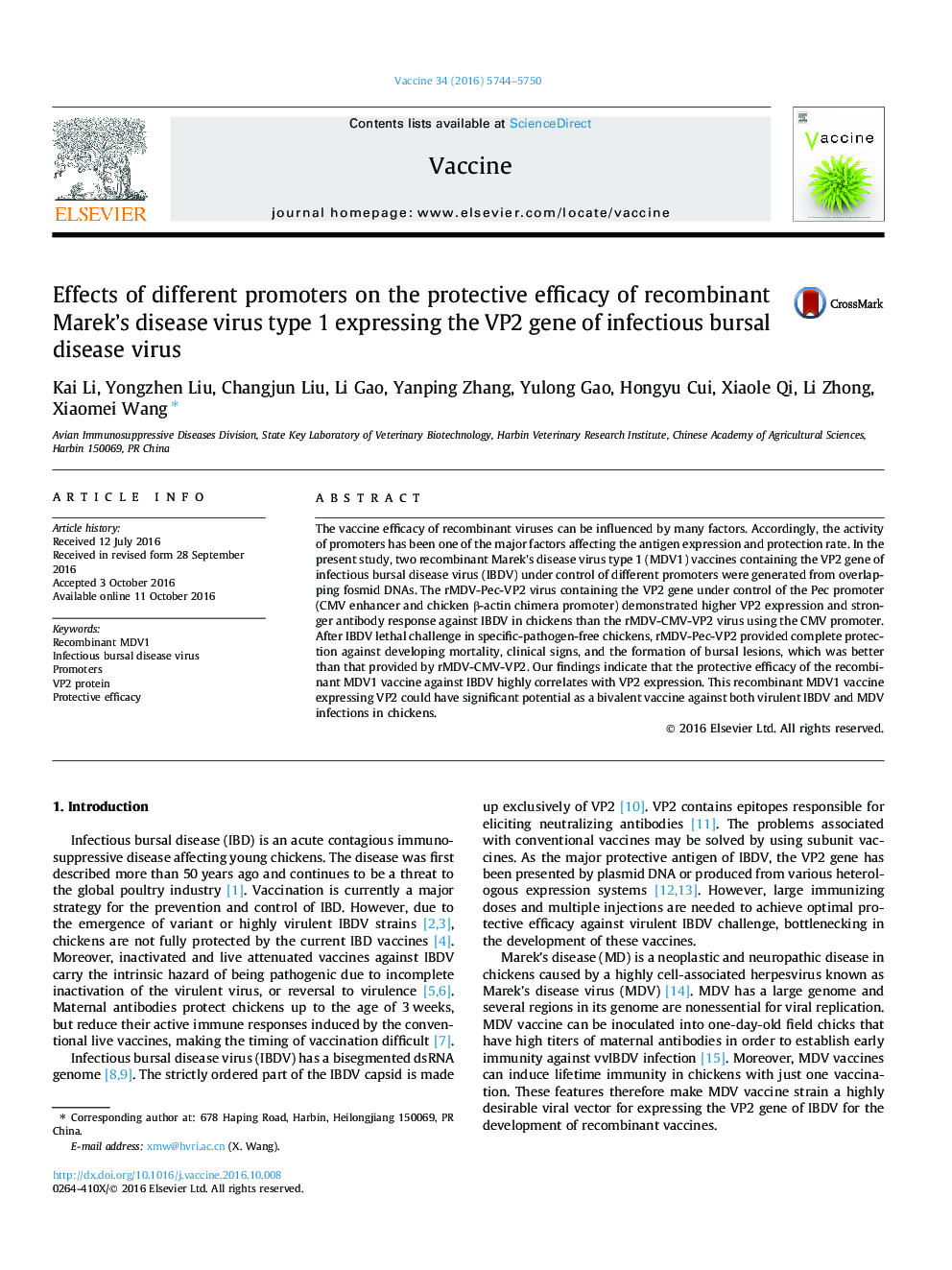 Effects of different promoters on the protective efficacy of recombinant Marek's disease virus type 1 expressing the VP2 gene of infectious bursal disease virus