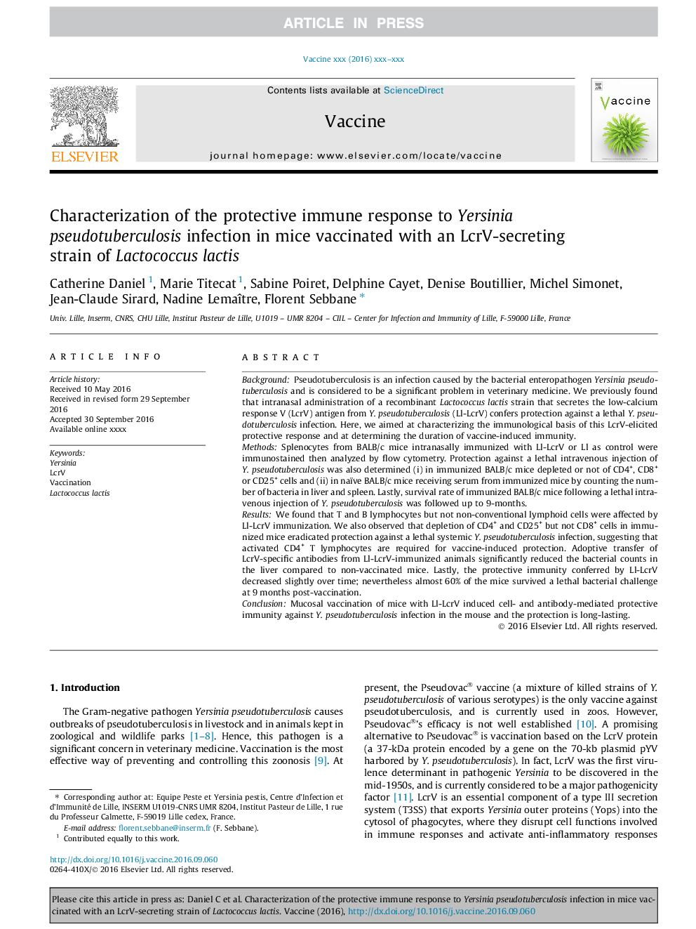 Characterization of the protective immune response to Yersinia pseudotuberculosis infection in mice vaccinated with an LcrV-secreting strain of Lactococcus lactis