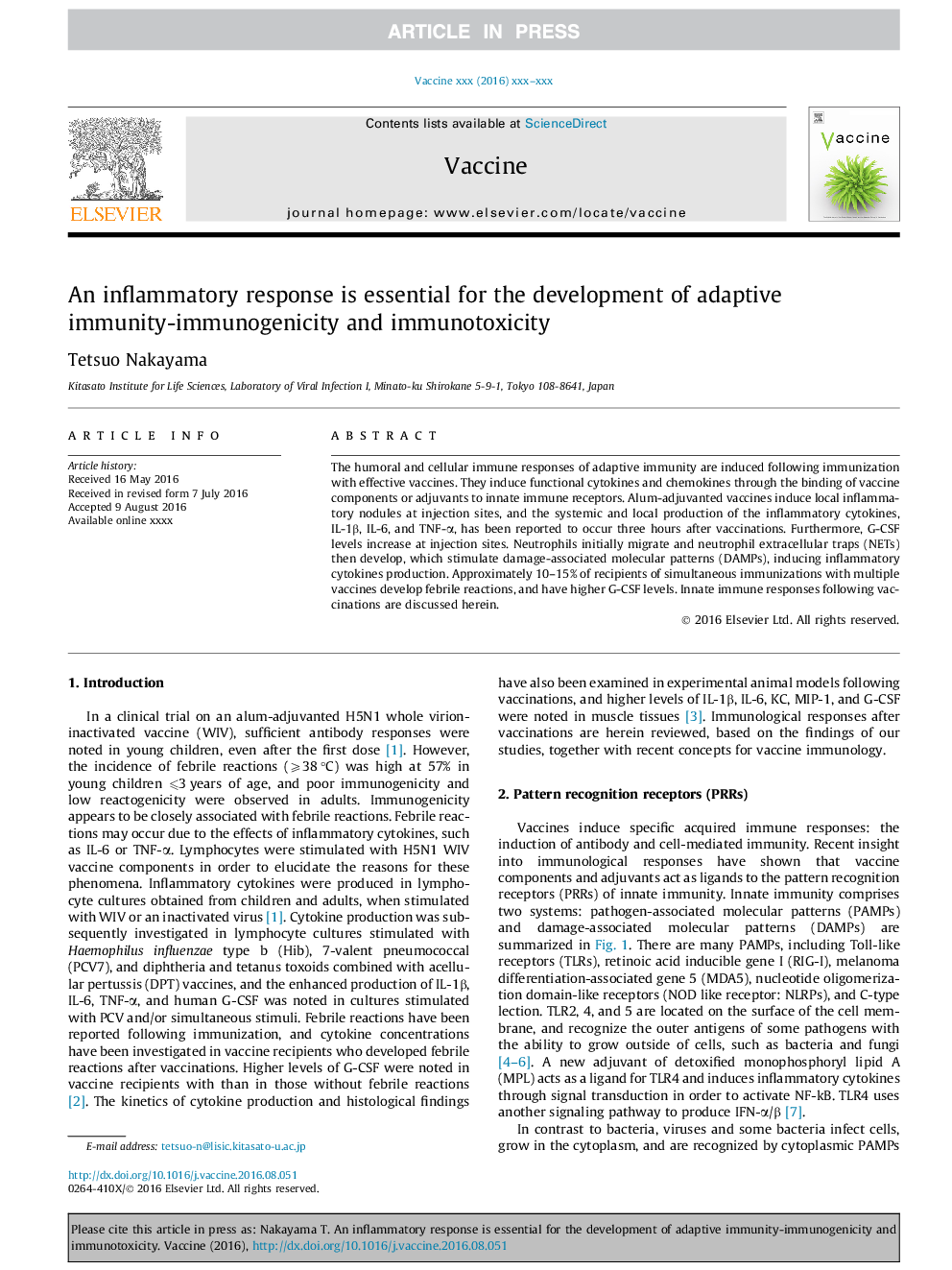 An inflammatory response is essential for the development of adaptive immunity-immunogenicity and immunotoxicity