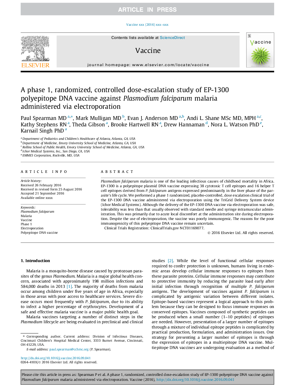 A phase 1, randomized, controlled dose-escalation study of EP-1300 polyepitope DNA vaccine against Plasmodium falciparum malaria administered via electroporation