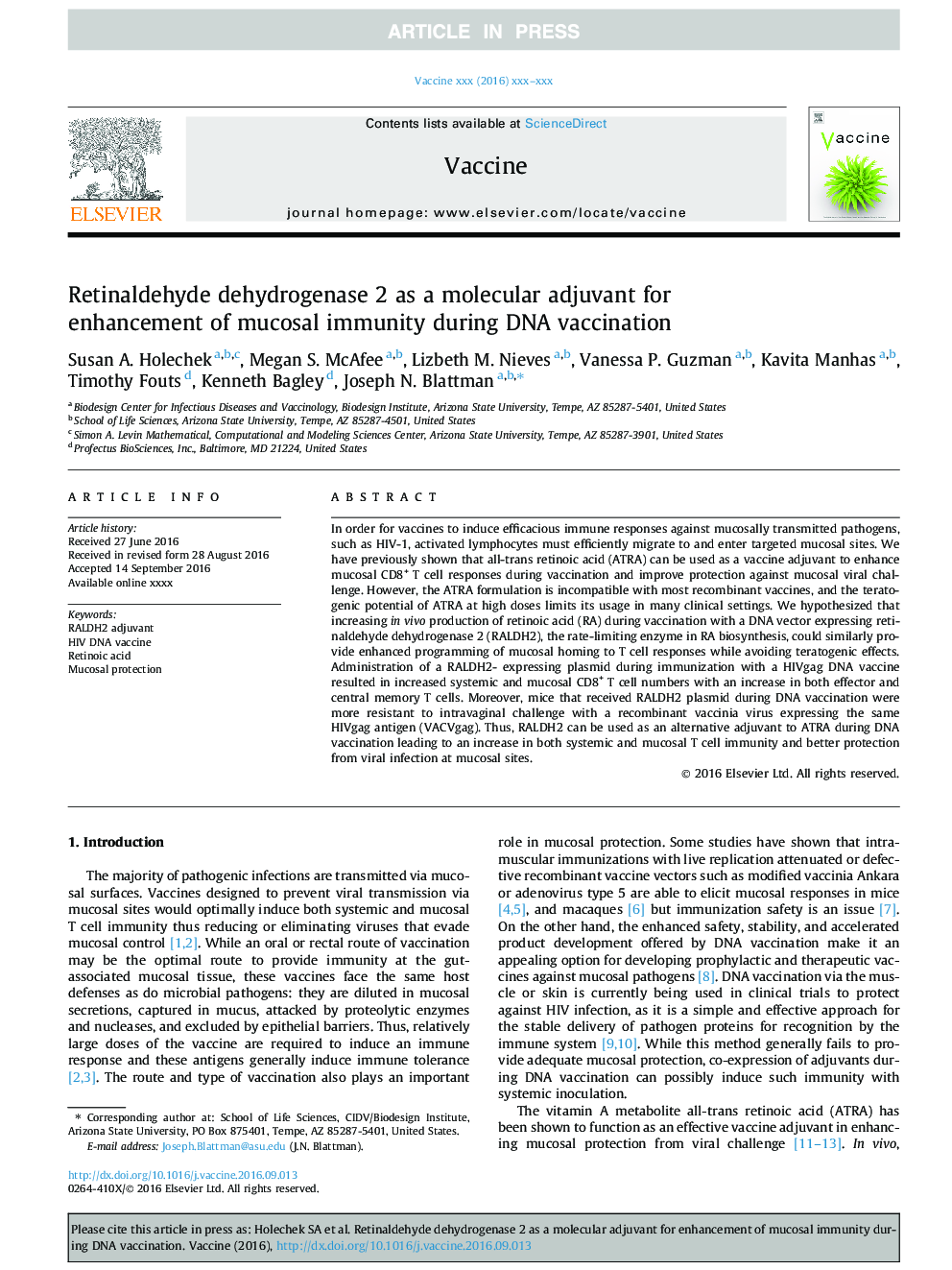 Retinaldehyde dehydrogenase 2 as a molecular adjuvant for enhancement of mucosal immunity during DNA vaccination