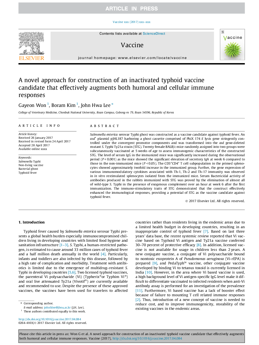 A novel approach for construction of an inactivated typhoid vaccine candidate that effectively augments both humoral and cellular immune responses