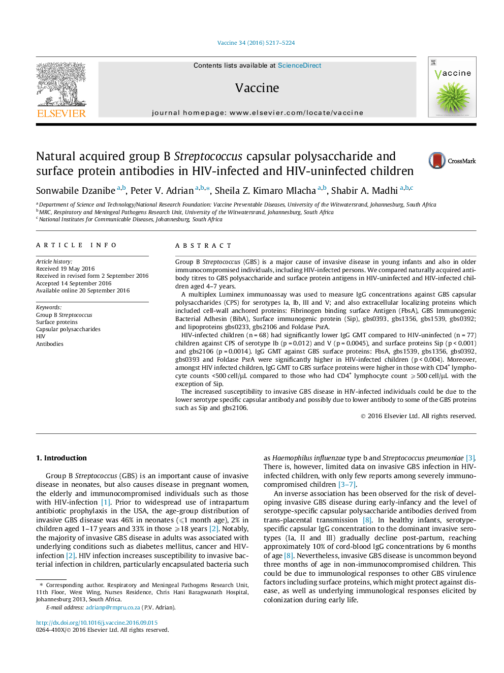 Natural acquired group B Streptococcus capsular polysaccharide and surface protein antibodies in HIV-infected and HIV-uninfected children