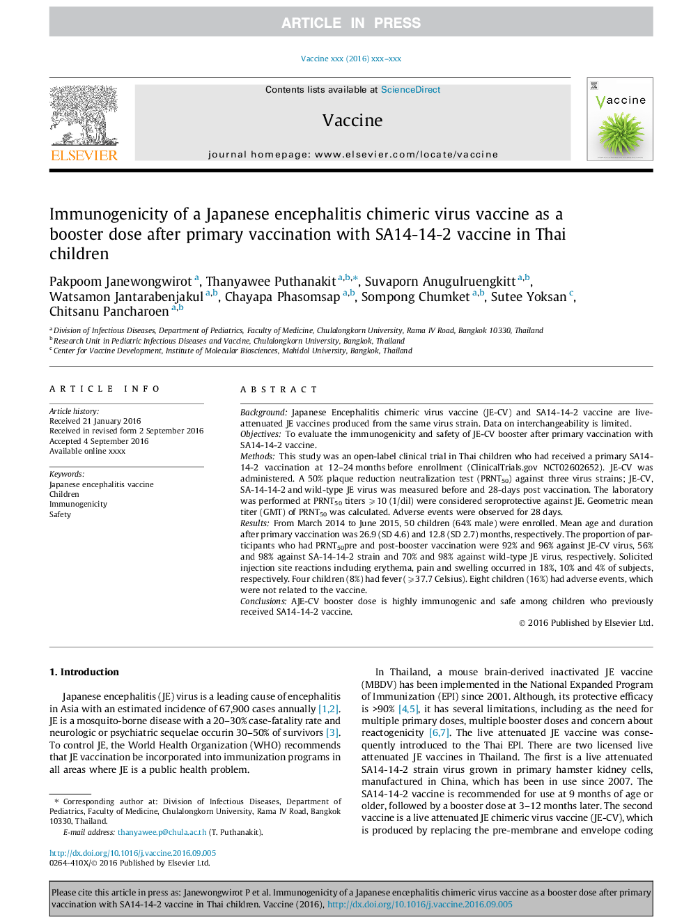 Immunogenicity of a Japanese encephalitis chimeric virus vaccine as a booster dose after primary vaccination with SA14-14-2 vaccine in Thai children