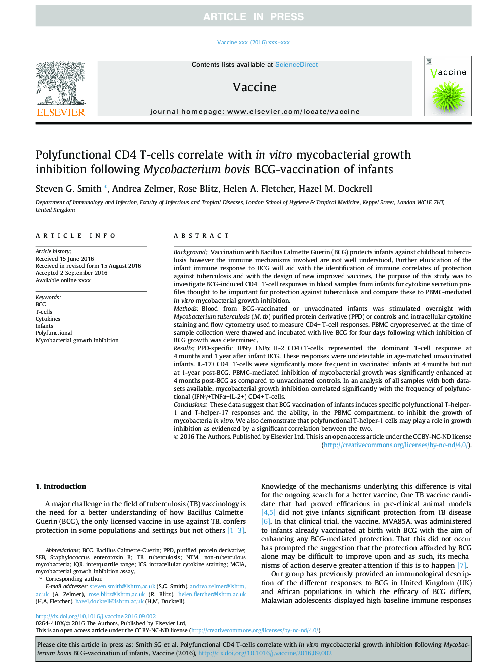 Polyfunctional CD4 T-cells correlate with in vitro mycobacterial growth inhibition following Mycobacterium bovis BCG-vaccination of infants