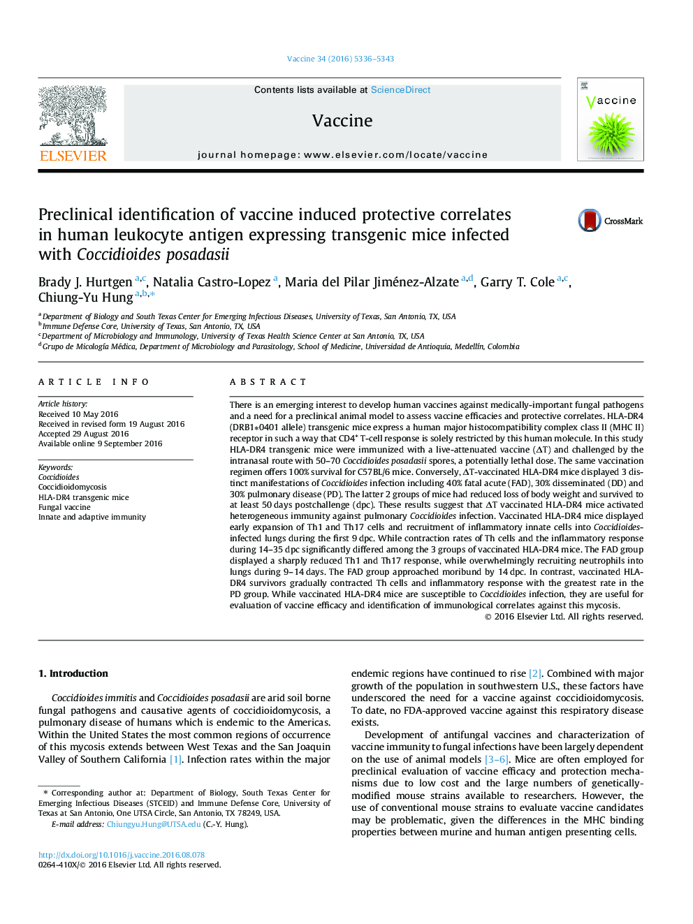 Preclinical identification of vaccine induced protective correlates in human leukocyte antigen expressing transgenic mice infected with Coccidioides posadasii