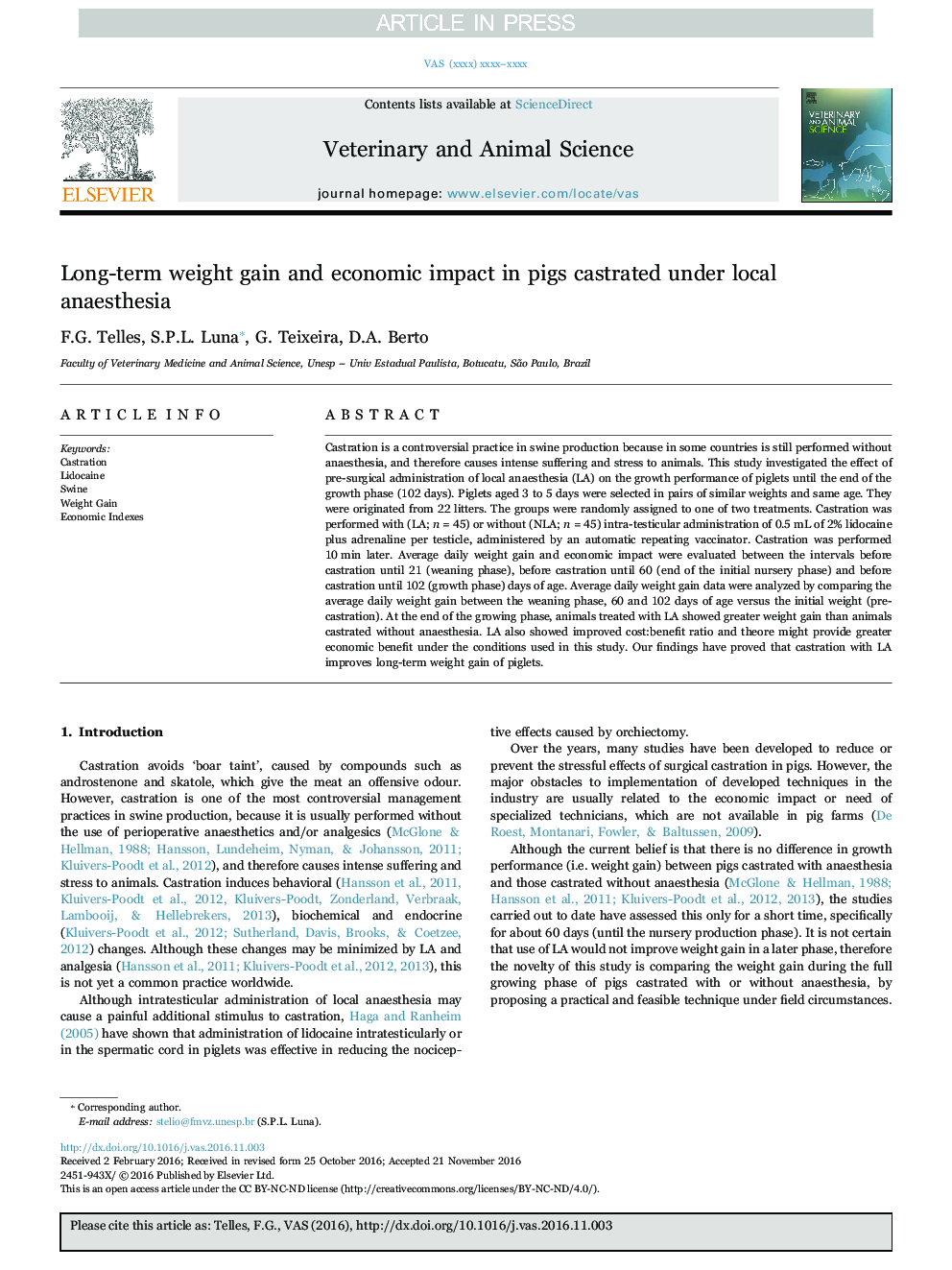 Long-term weight gain and economic impact in pigs castrated under local anaesthesia