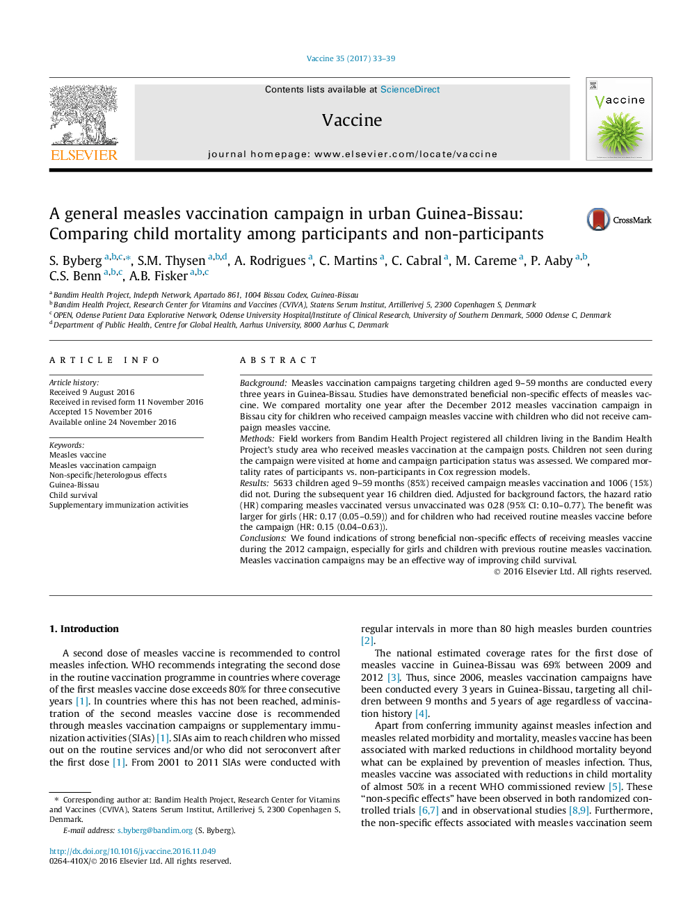 A general measles vaccination campaign in urban Guinea-Bissau: Comparing child mortality among participants and non-participants