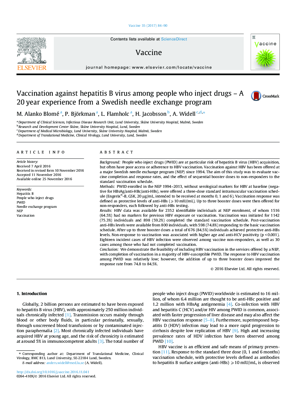 Vaccination against hepatitis B virus among people who inject drugs - A 20Â year experience from a Swedish needle exchange program