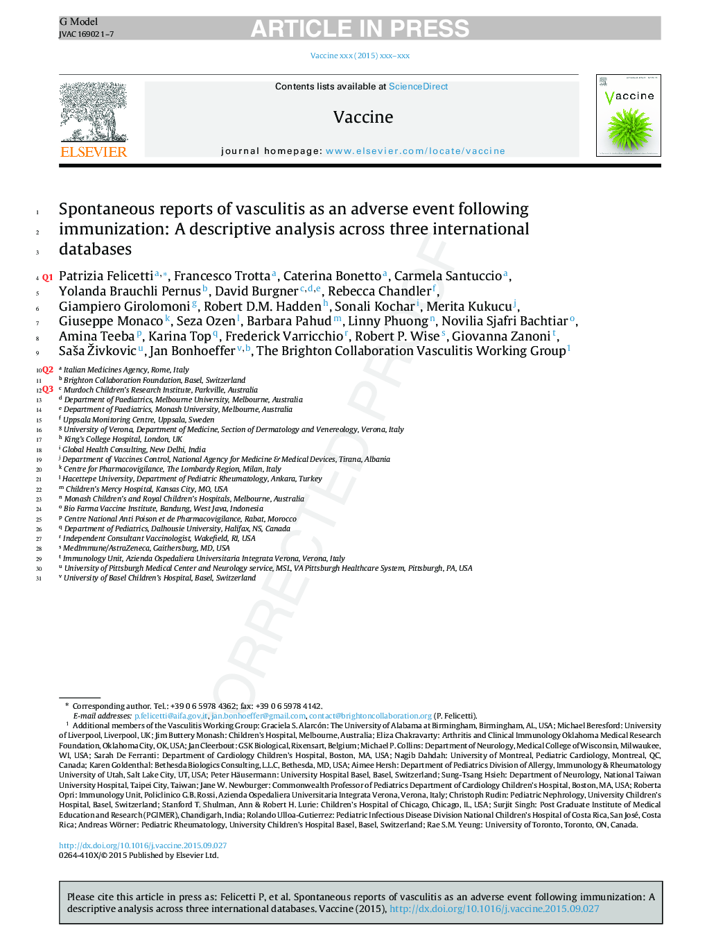 Spontaneous reports of vasculitis as an adverse event following immunization: A descriptive analysis across three international databases