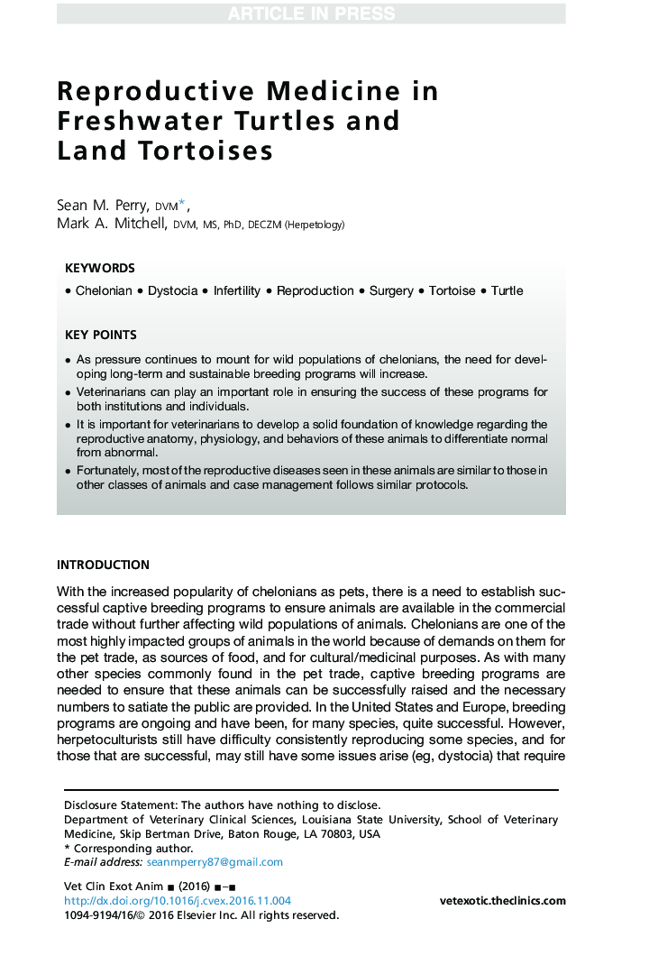 Reproductive Medicine in Freshwater Turtles and Land Tortoises