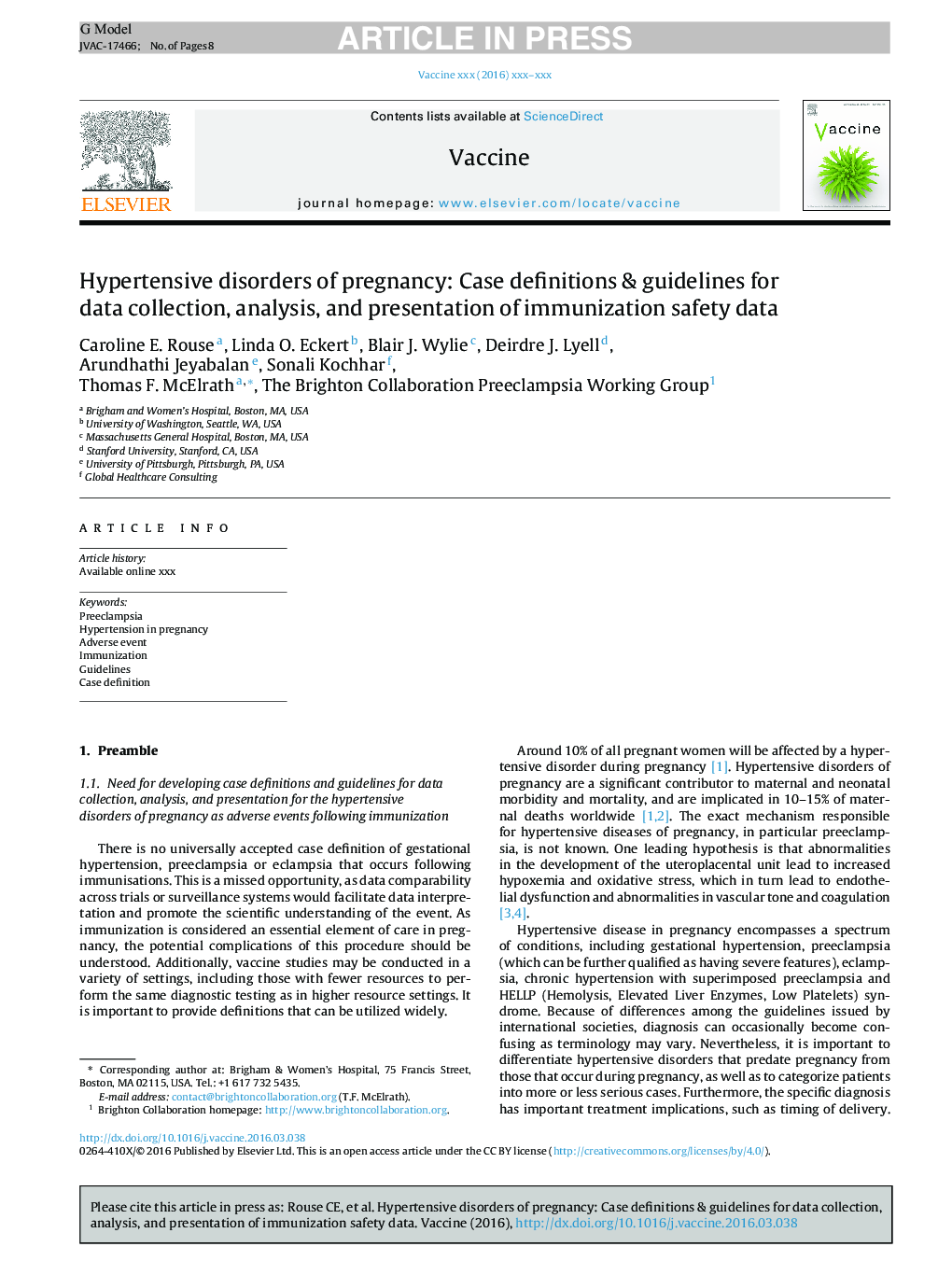 Hypertensive disorders of pregnancy: Case definitions & guidelines for data collection, analysis, and presentation of immunization safety data