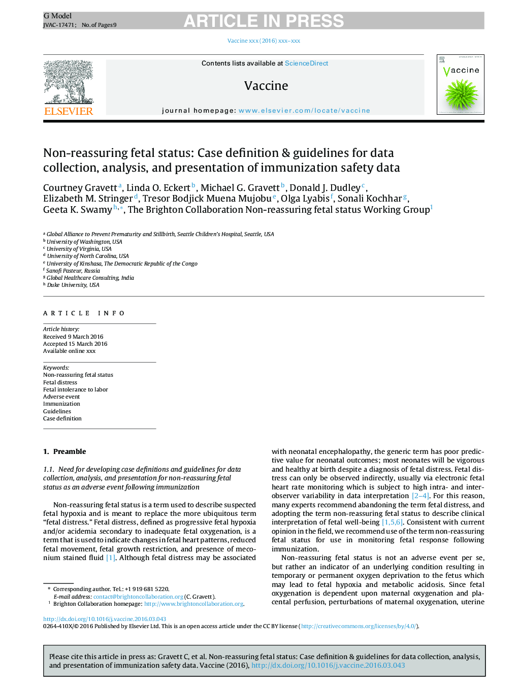 Non-reassuring fetal status: Case definition & guidelines for data collection, analysis, and presentation of immunization safety data