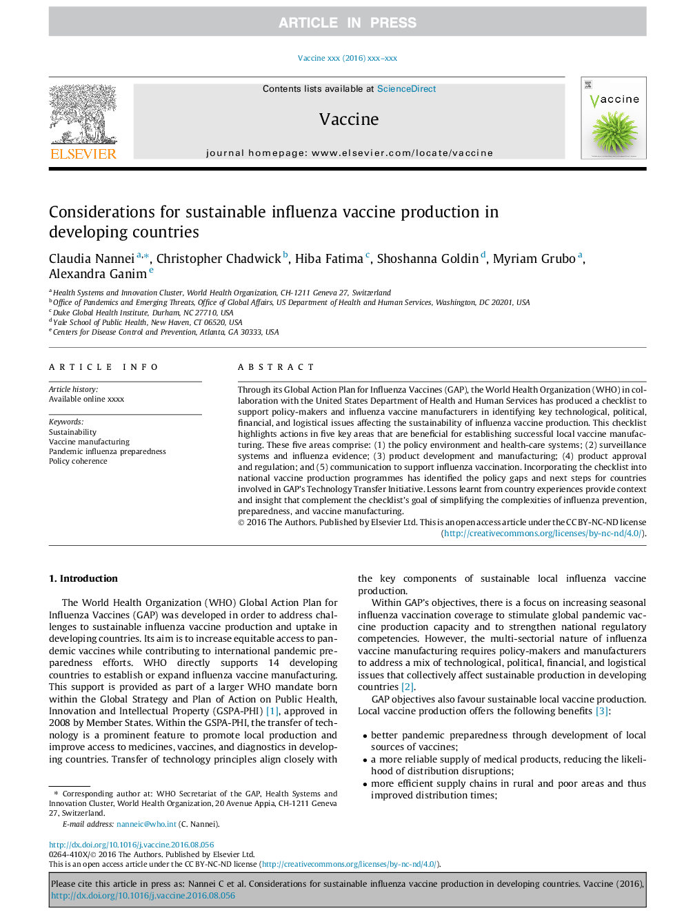 Considerations for sustainable influenza vaccine production in developing countries