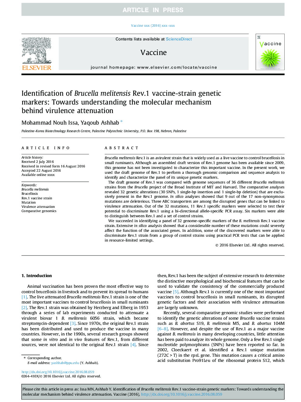 Identification of Brucella melitensis Rev.1 vaccine-strain genetic markers: Towards understanding the molecular mechanism behind virulence attenuation