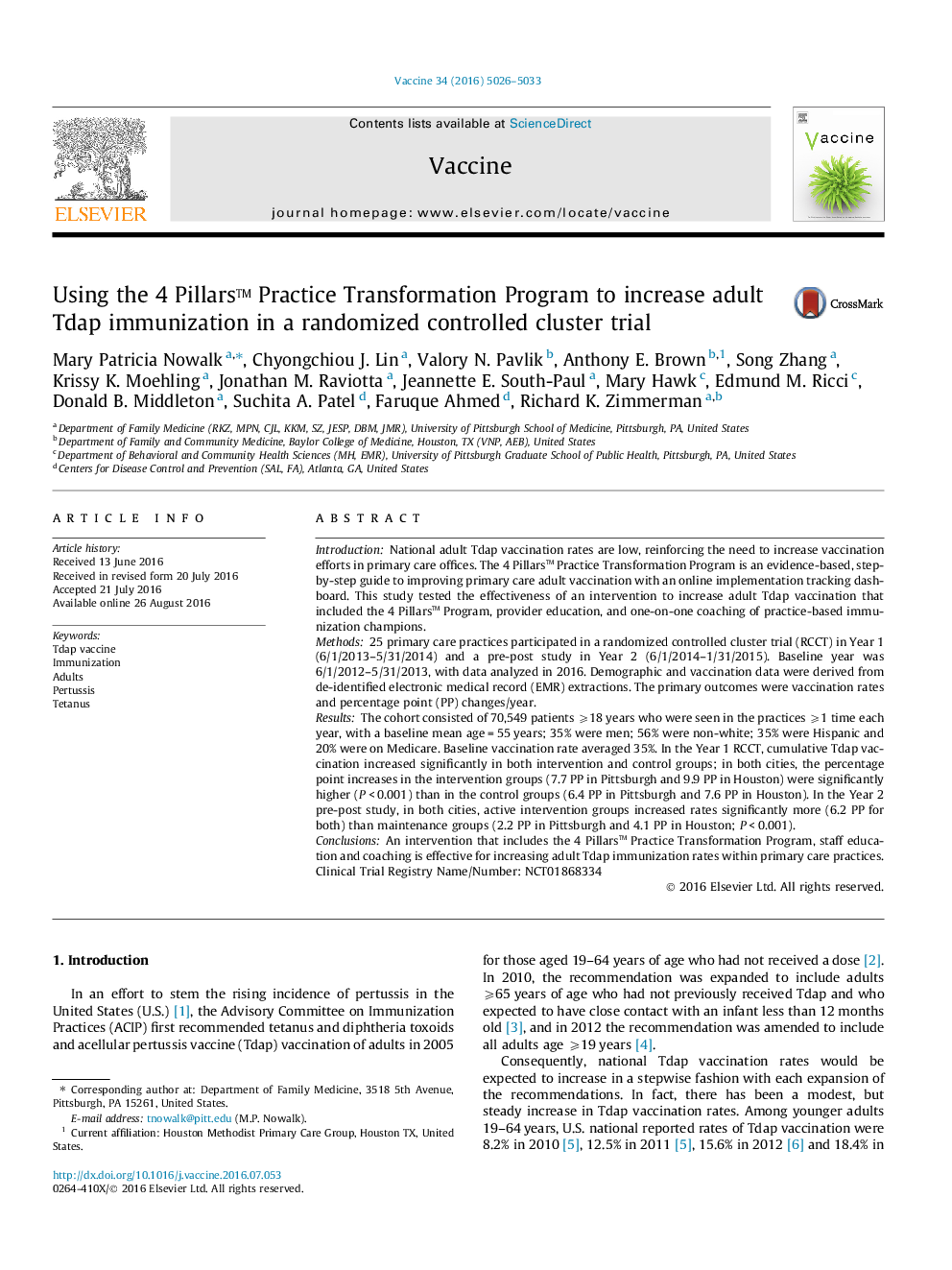 Using the 4 Pillarsâ¢ Practice Transformation Program to increase adult Tdap immunization in a randomized controlled cluster trial