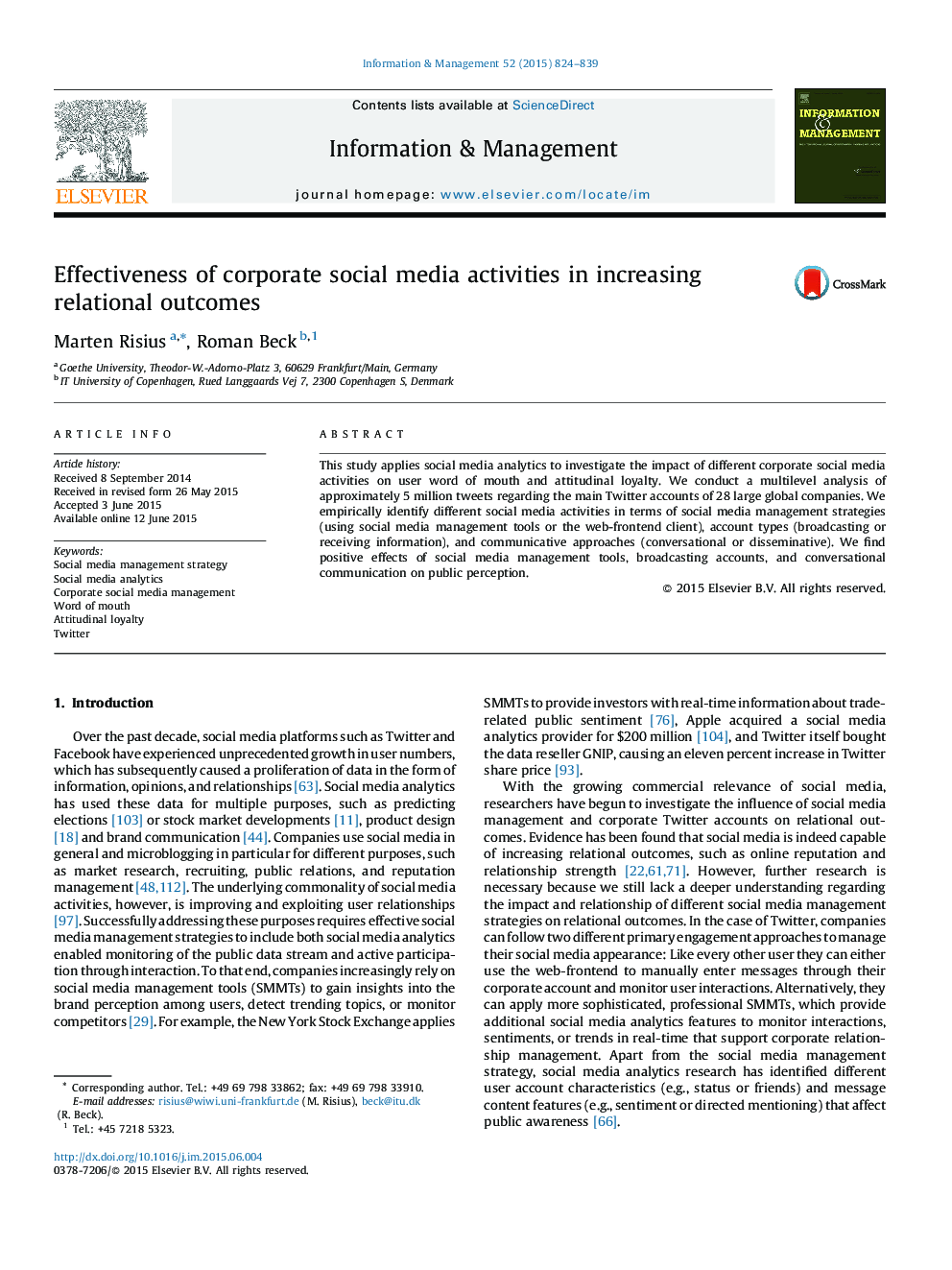 اثربخشی فعالیت های رسانه های اجتماعی سازمانی در افزایش نتایج رابطه ای