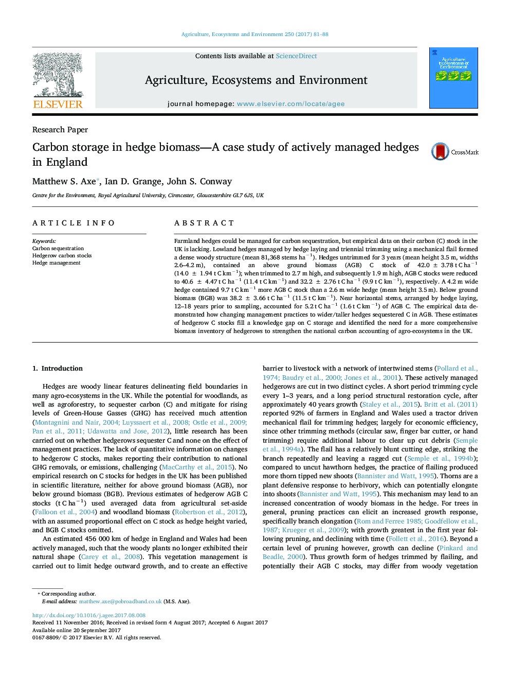 Carbon storage in hedge biomass-A case study of actively managed hedges in England