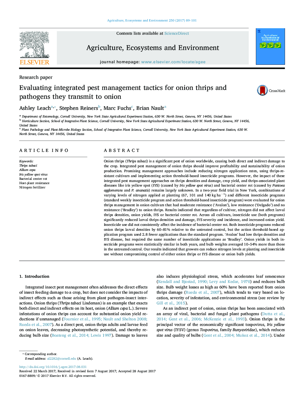 Evaluating integrated pest management tactics for onion thrips and pathogens they transmit to onion