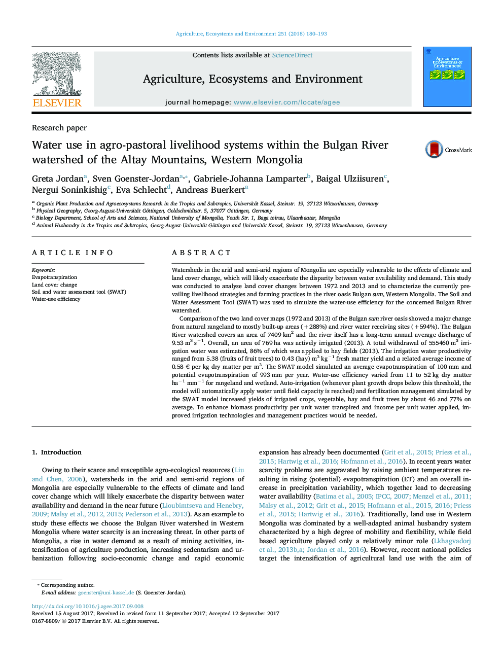 Water use in agro-pastoral livelihood systems within the Bulgan River watershed of the Altay Mountains, Western Mongolia