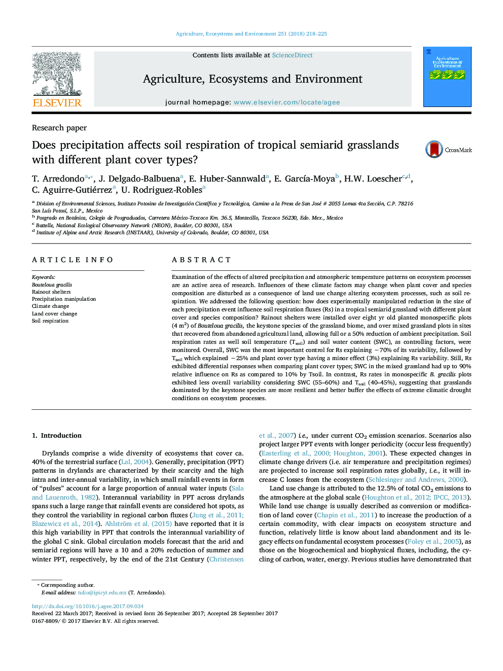 Does precipitation affects soil respiration of tropical semiarid grasslands with different plant cover types?