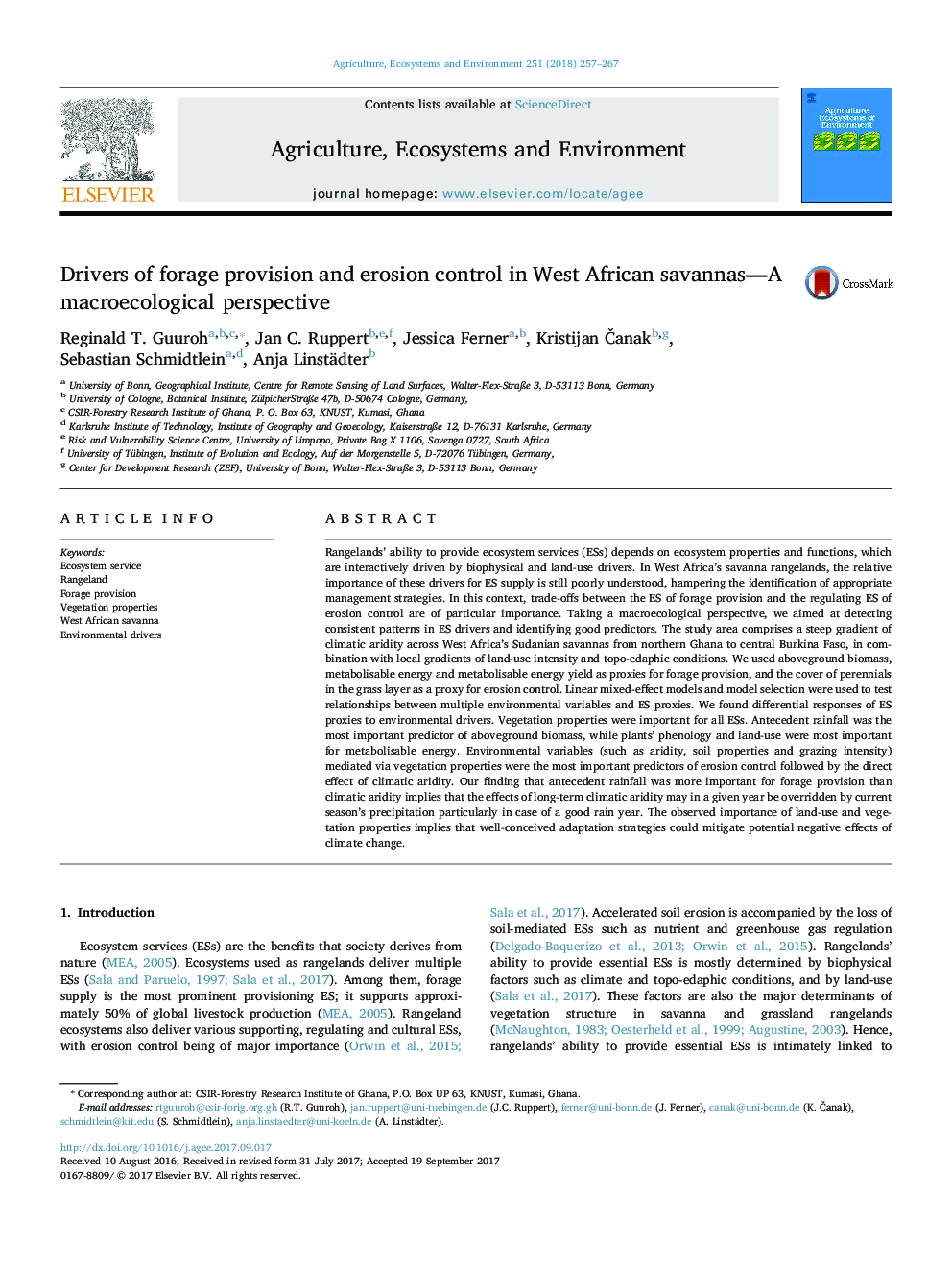 Drivers of forage provision and erosion control in West African savannas-A macroecological perspective