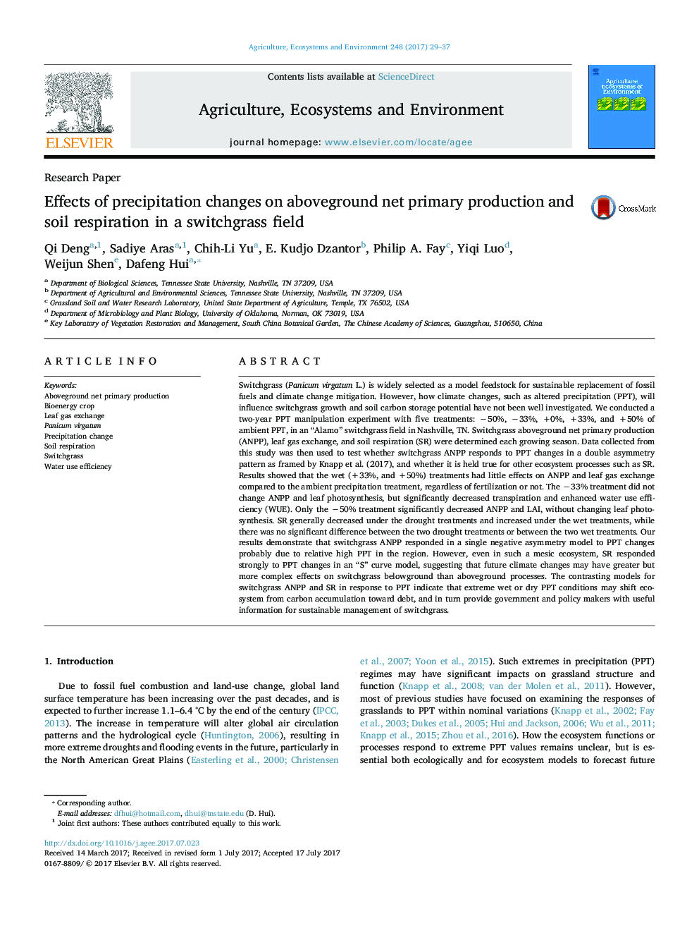 Effects of precipitation changes on aboveground net primary production and soil respiration in a switchgrass field