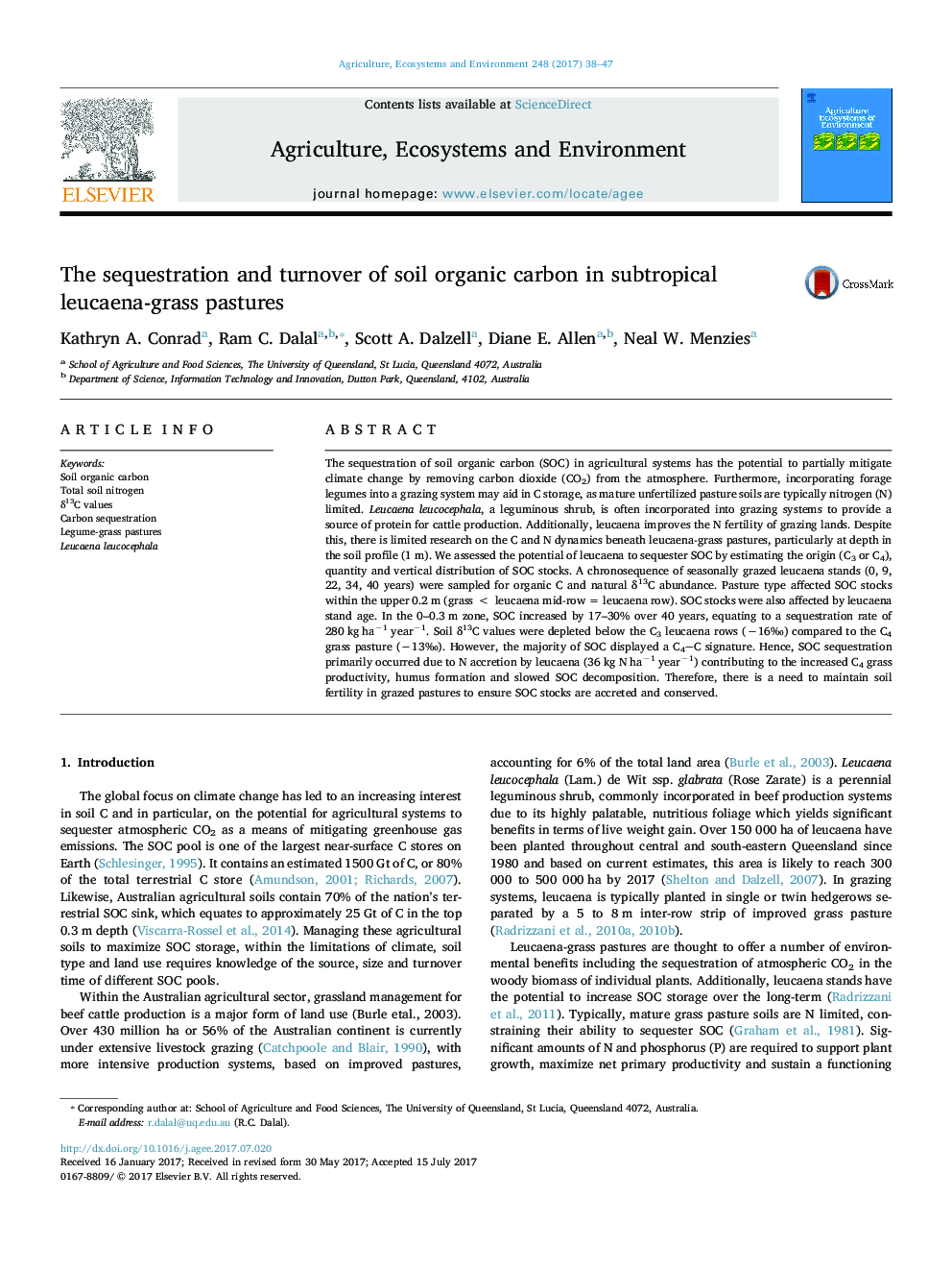 The sequestration and turnover of soil organic carbon in subtropical leucaena-grass pastures