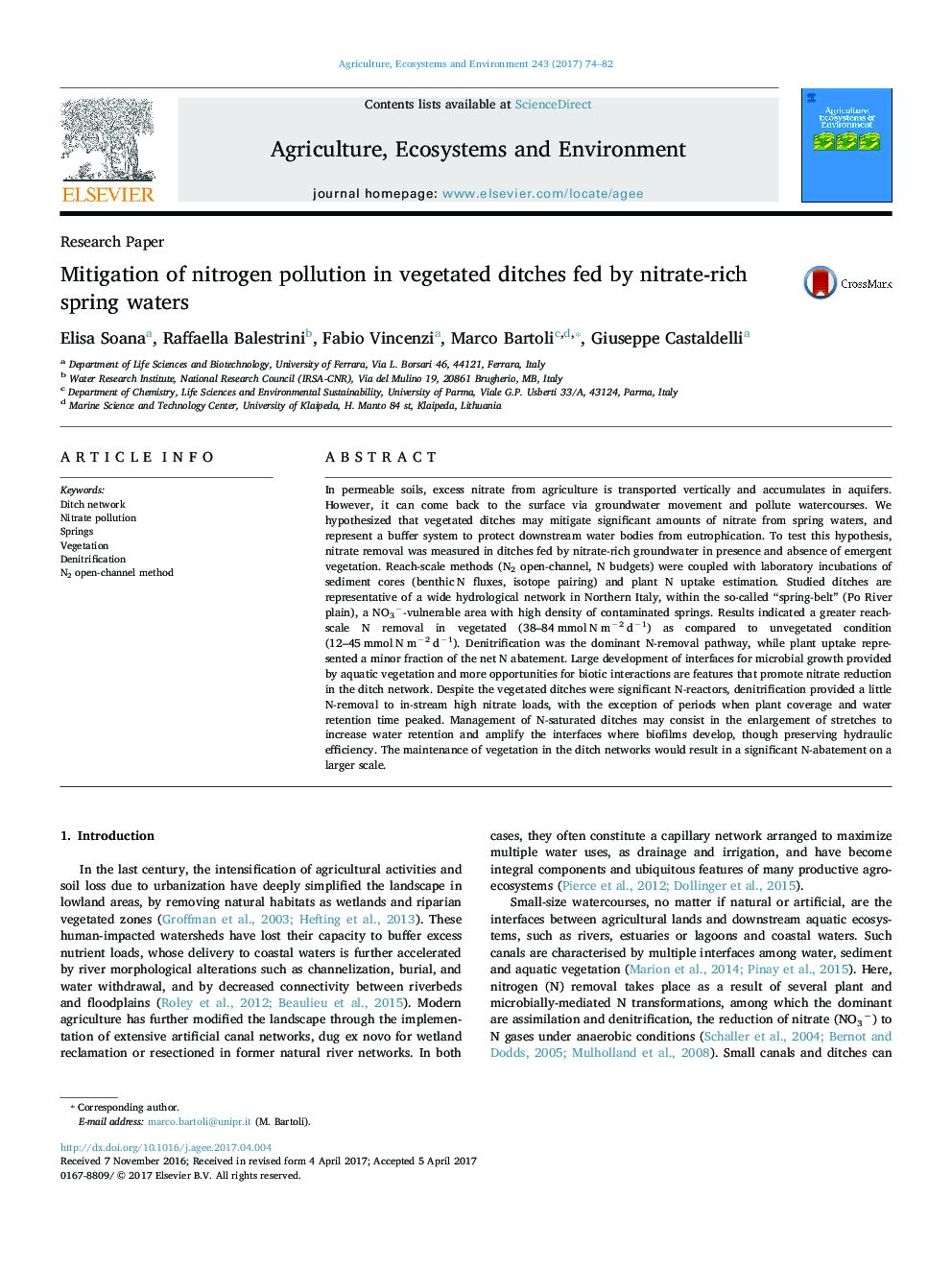 Mitigation of nitrogen pollution in vegetated ditches fed by nitrate-rich spring waters