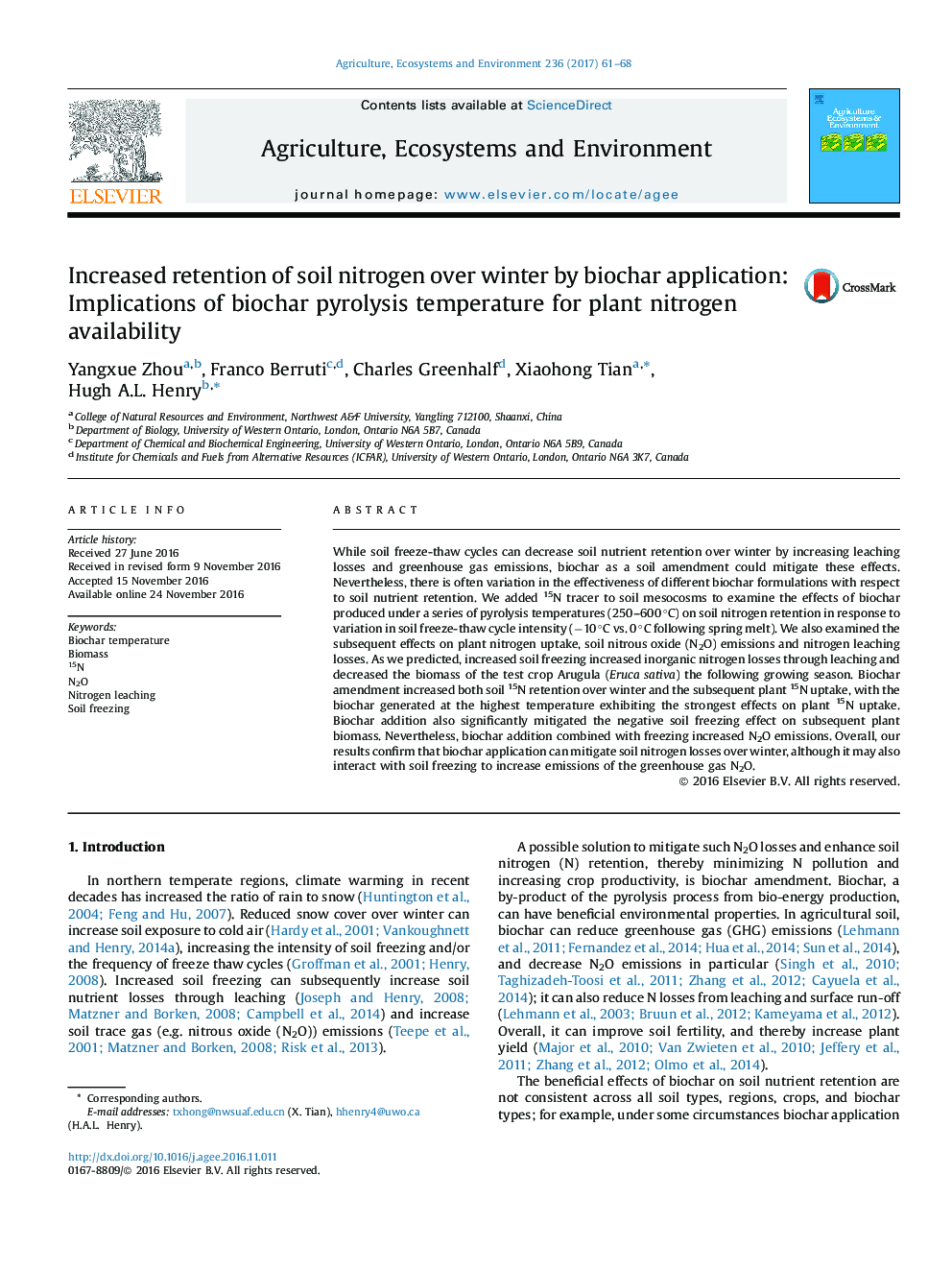 Increased retention of soil nitrogen over winter by biochar application: Implications of biochar pyrolysis temperature for plant nitrogen availability