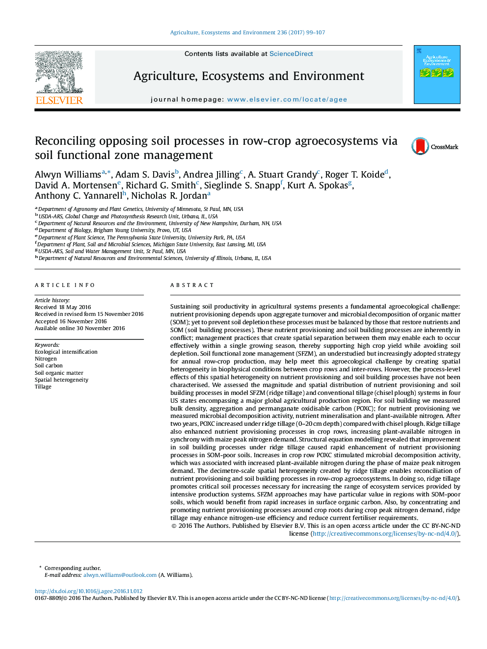 Reconciling opposing soil processes in row-crop agroecosystems via soil functional zone management