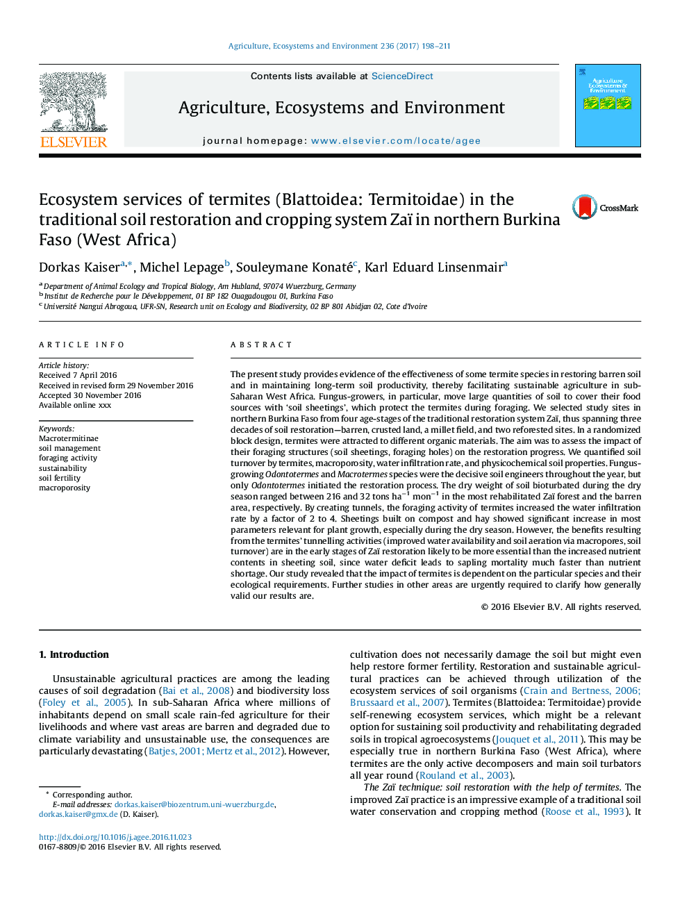 Ecosystem services of termites (Blattoidea: Termitoidae) in the traditional soil restoration and cropping system Zaï in northern Burkina Faso (West Africa)