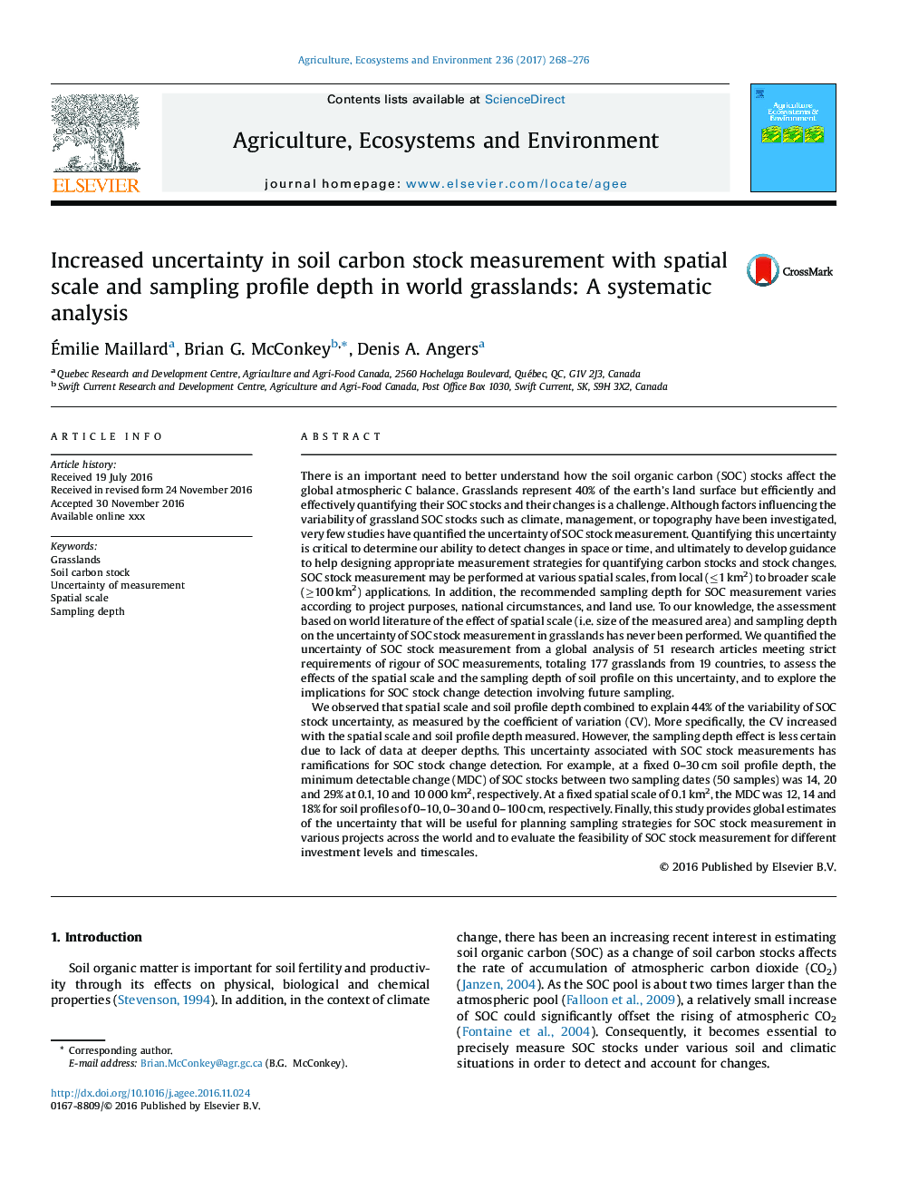 Increased uncertainty in soil carbon stock measurement with spatial scale and sampling profile depth in world grasslands: A systematic analysis