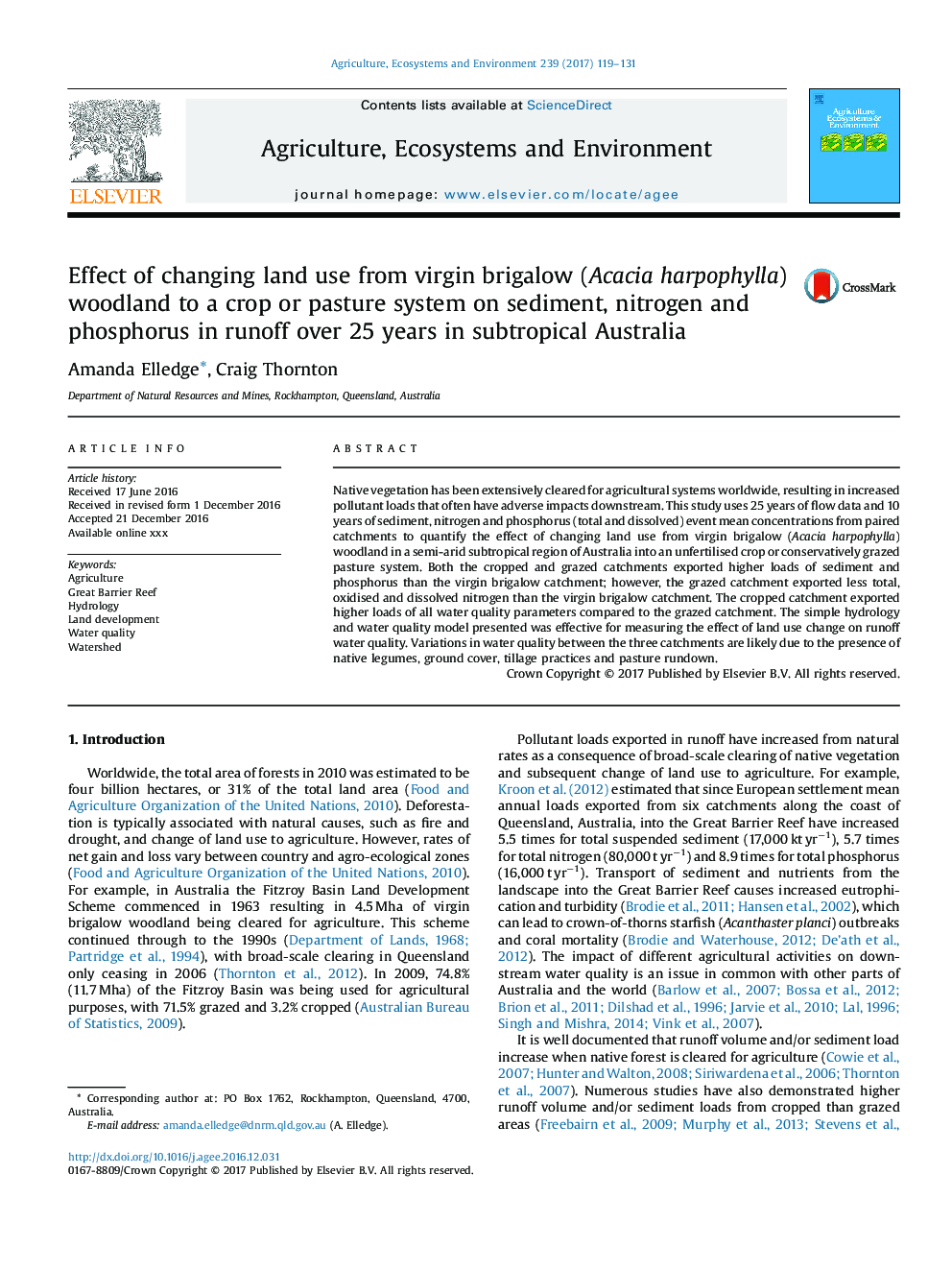 Effect of changing land use from virgin brigalow (Acacia harpophylla) woodland to a crop or pasture system on sediment, nitrogen and phosphorus in runoff over 25 years in subtropical Australia