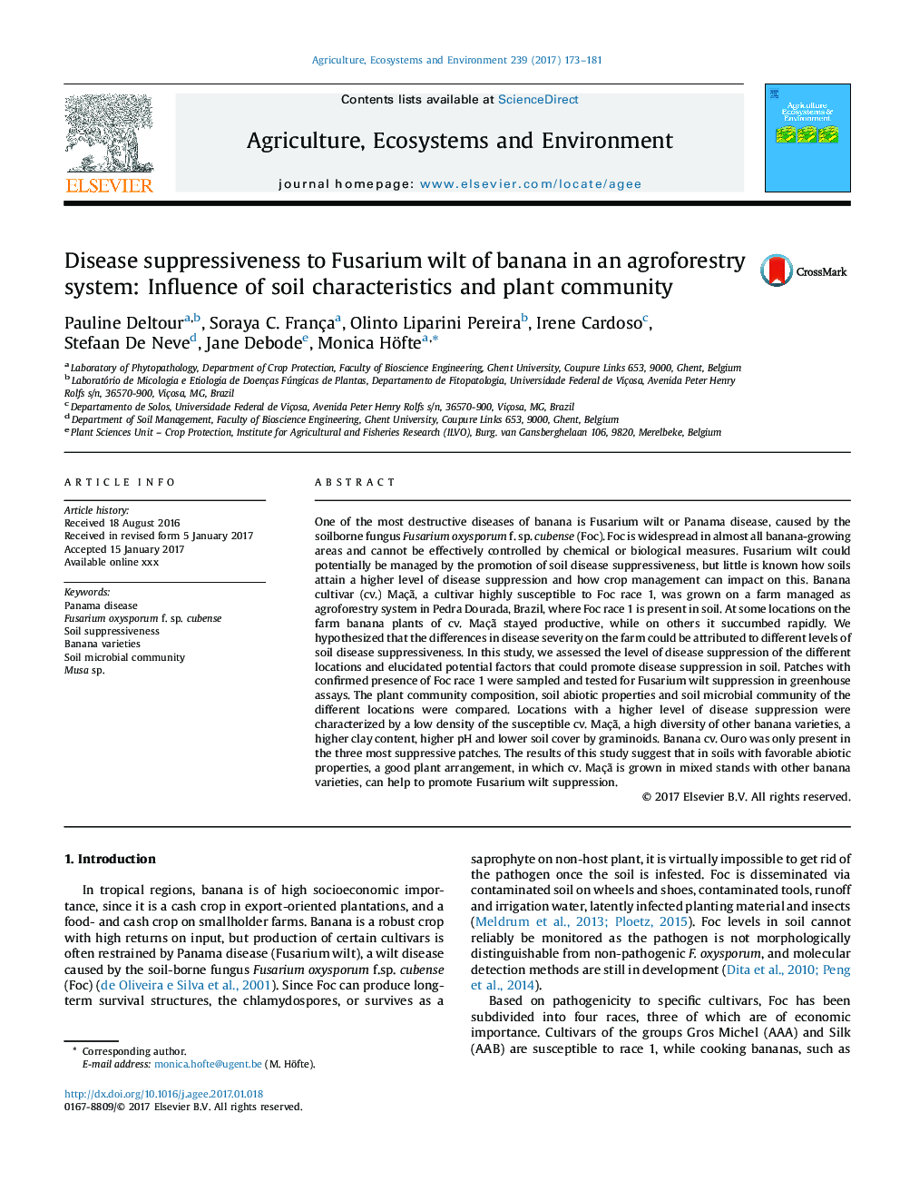 Disease suppressiveness to Fusarium wilt of banana in an agroforestry system: Influence of soil characteristics and plant community