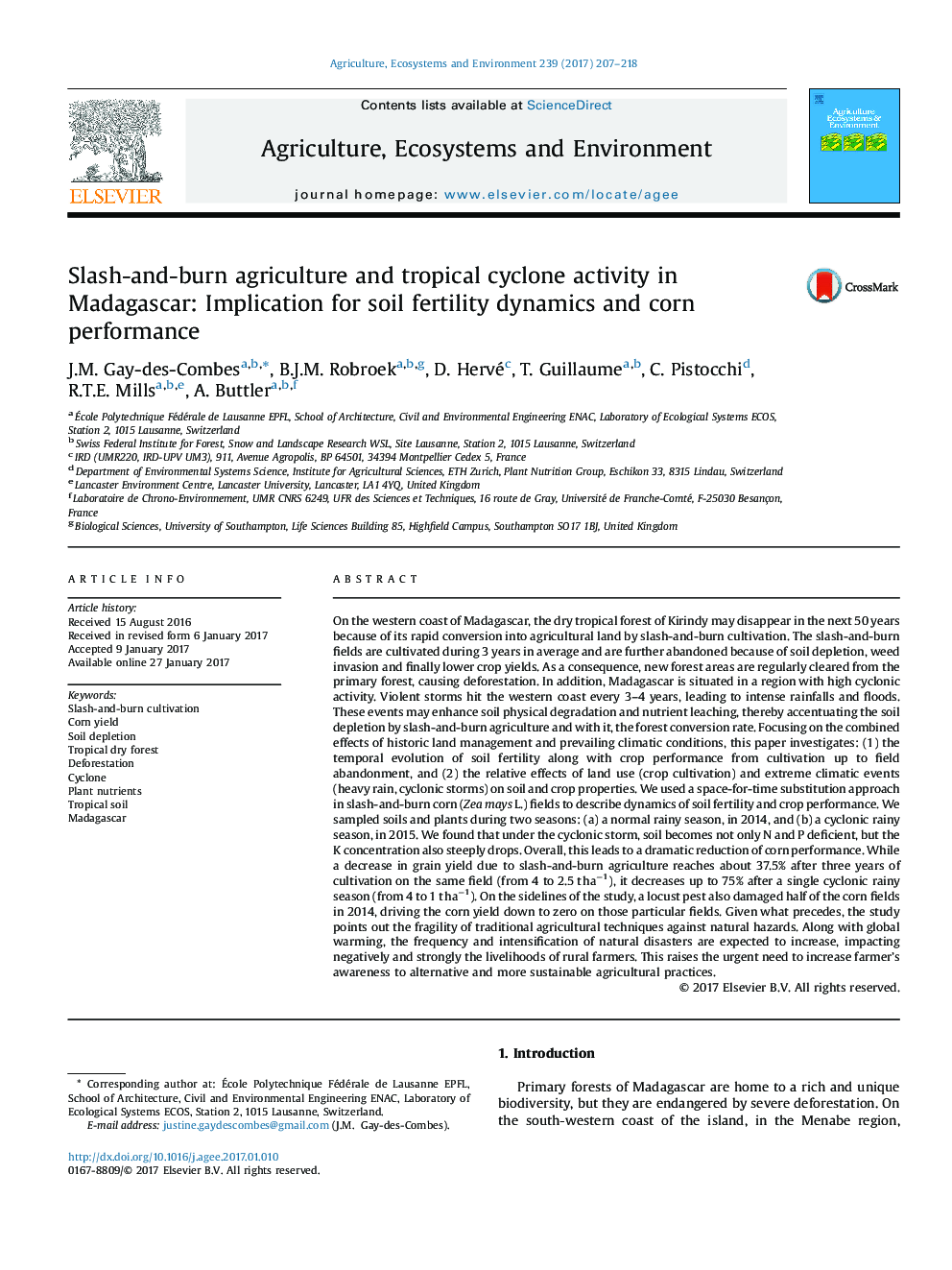 Slash-and-burn agriculture and tropical cyclone activity in Madagascar: Implication for soil fertility dynamics and corn performance