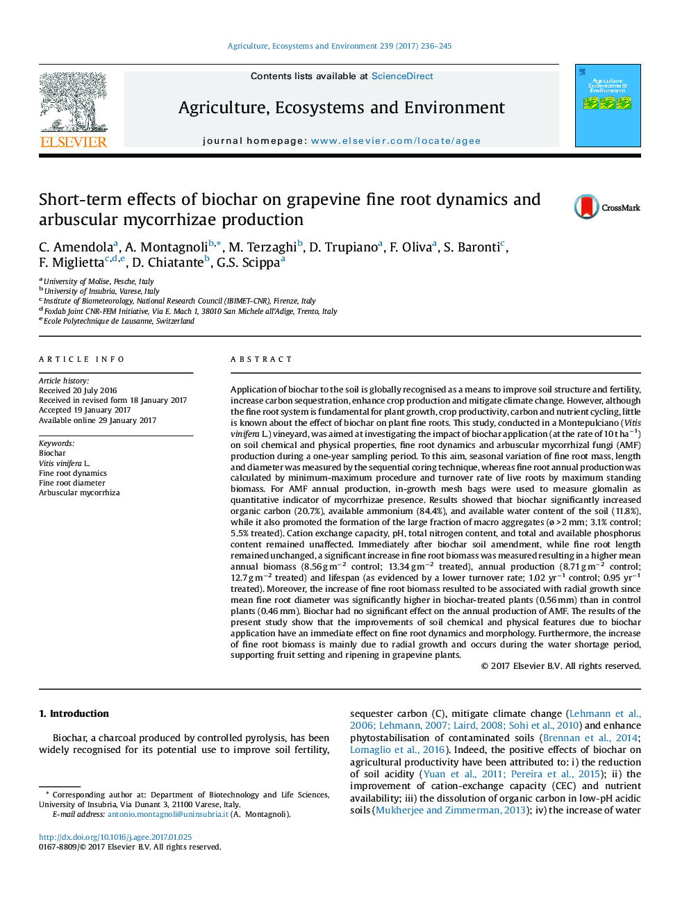 Short-term effects of biochar on grapevine fine root dynamics and arbuscular mycorrhizae production