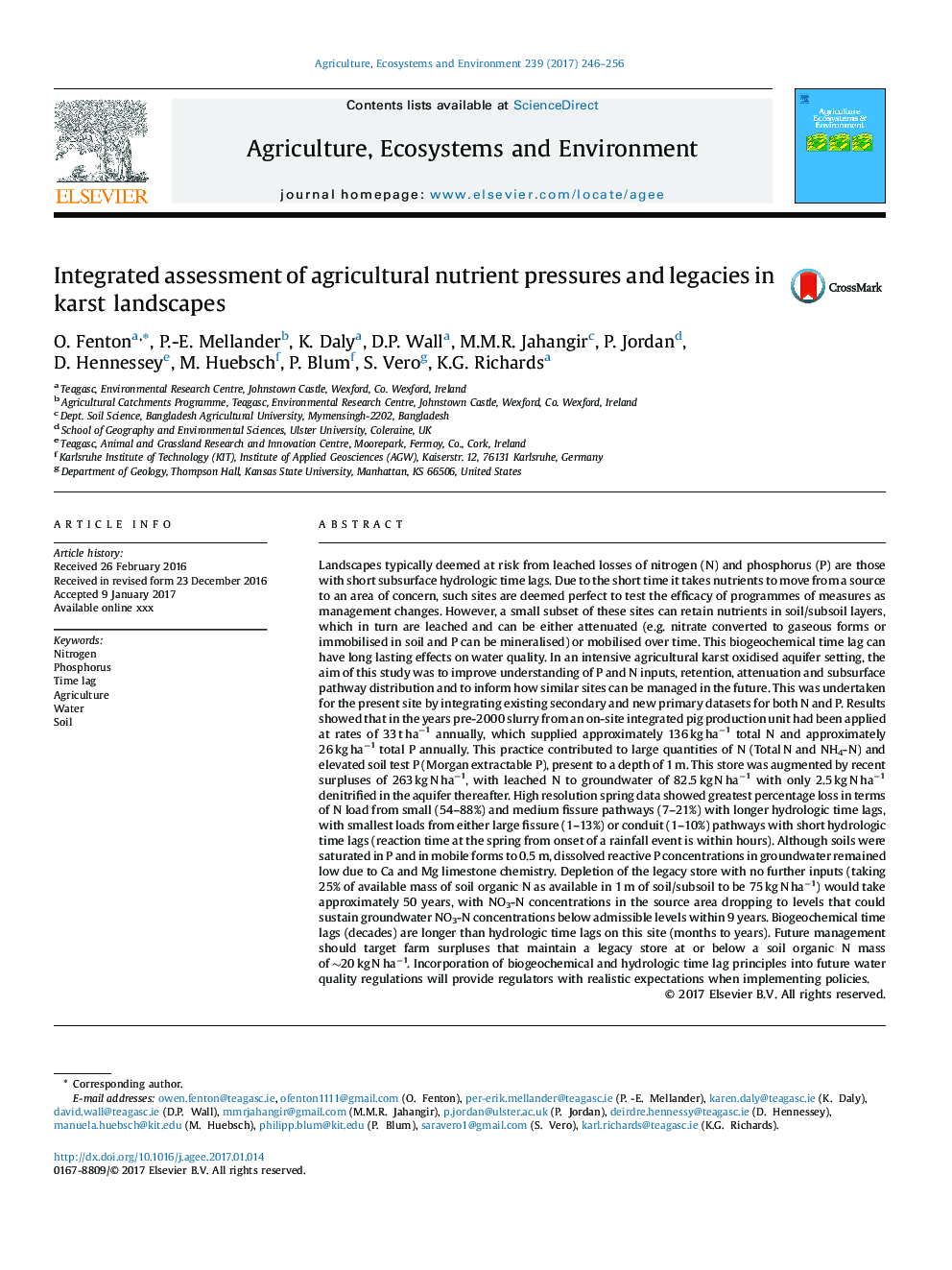 Integrated assessment of agricultural nutrient pressures and legacies in karst landscapes