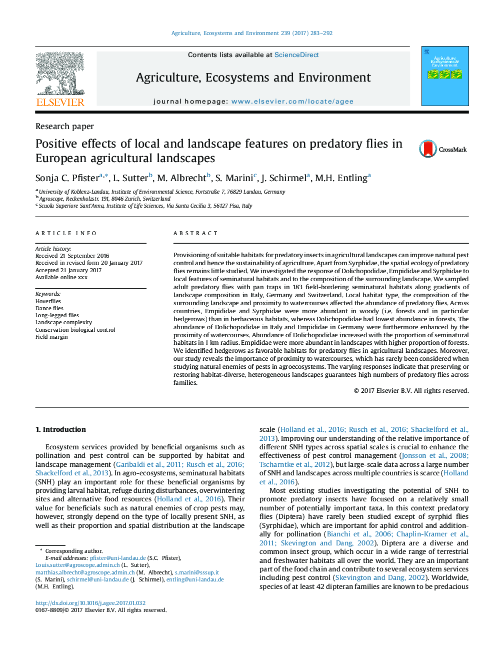 Positive effects of local and landscape features on predatory flies in European agricultural landscapes