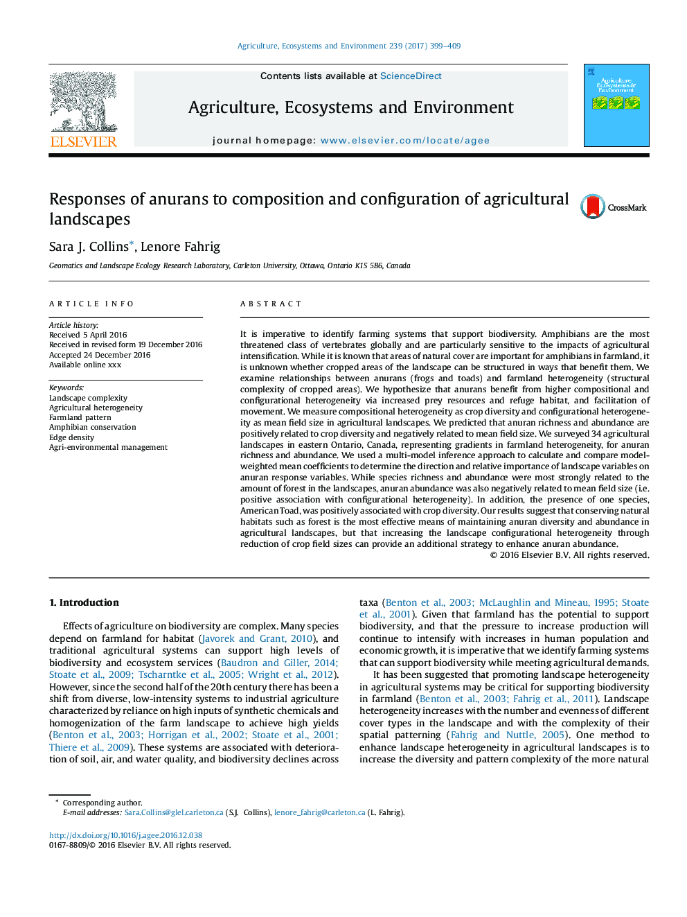 Responses of anurans to composition and configuration of agricultural landscapes