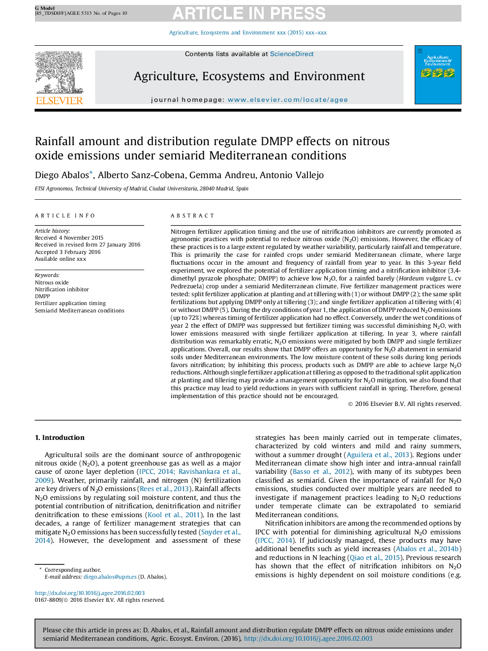 Rainfall amount and distribution regulate DMPP effects on nitrous oxide emissions under semiarid Mediterranean conditions